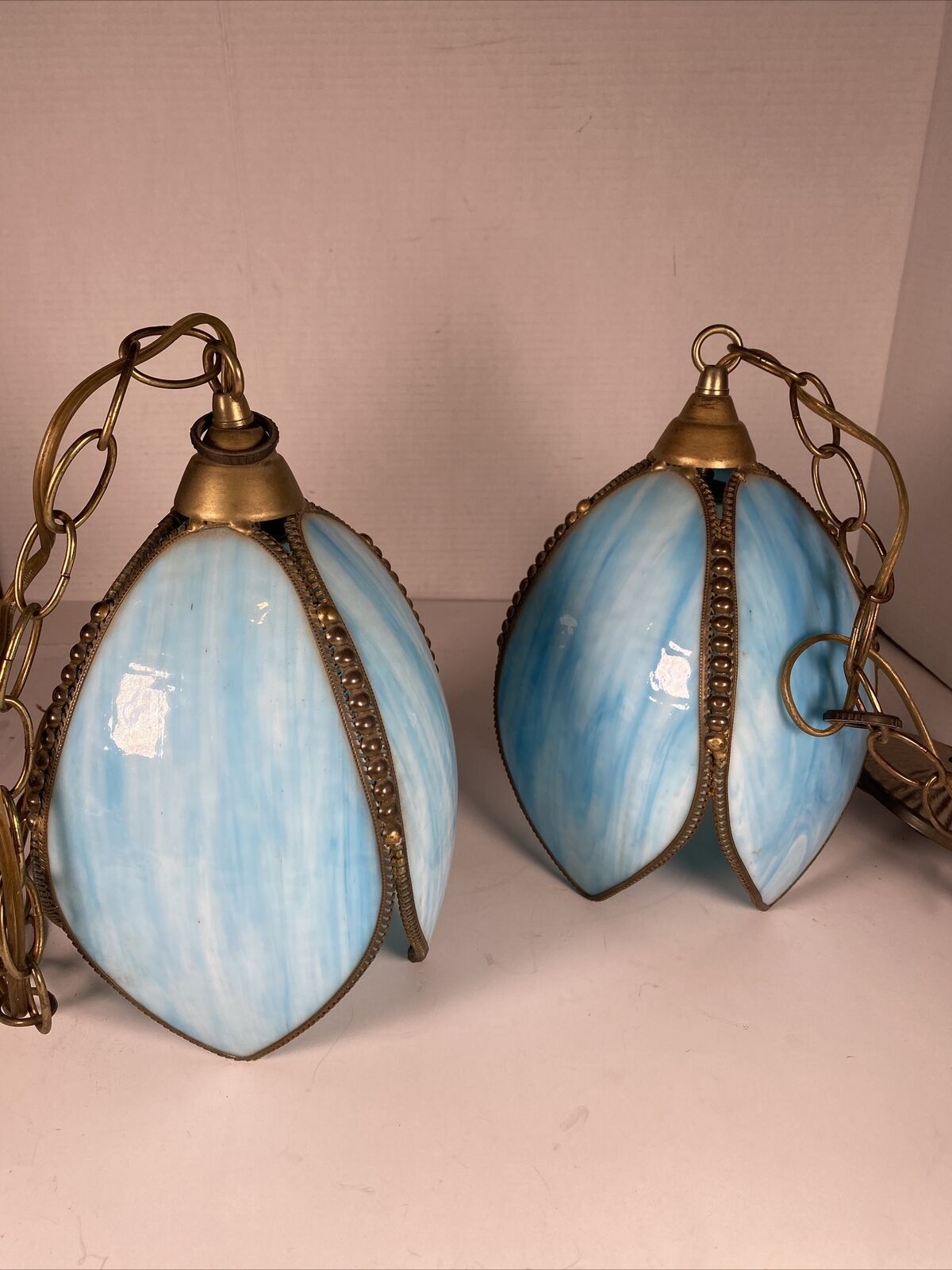 VINTAGE BRASS BEADED TULIP LAMP /  SHADE BLUE GLASS HANGING  9” high