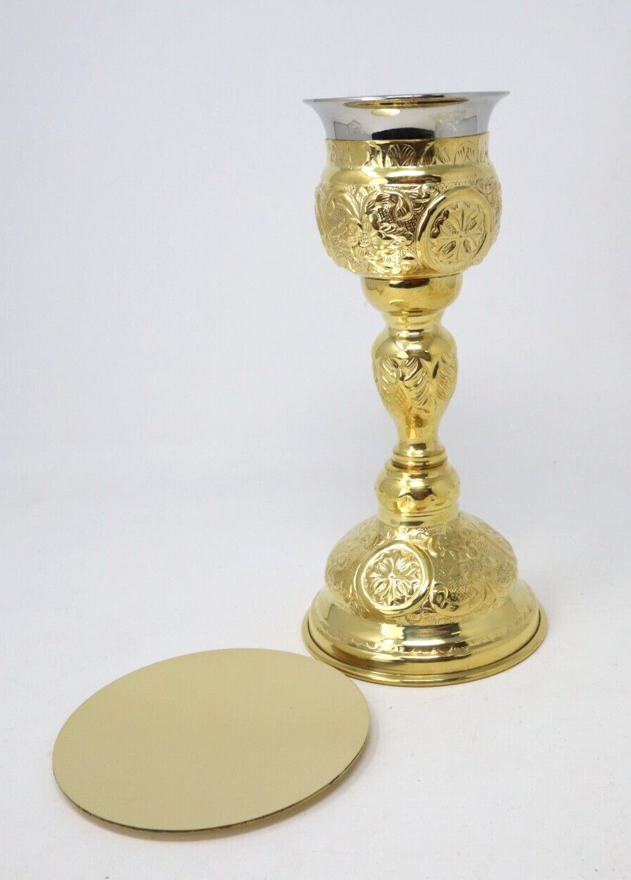 Catholic Orthodox Brass and Nickel Plate Chalice and Paten Set for Church 8 In