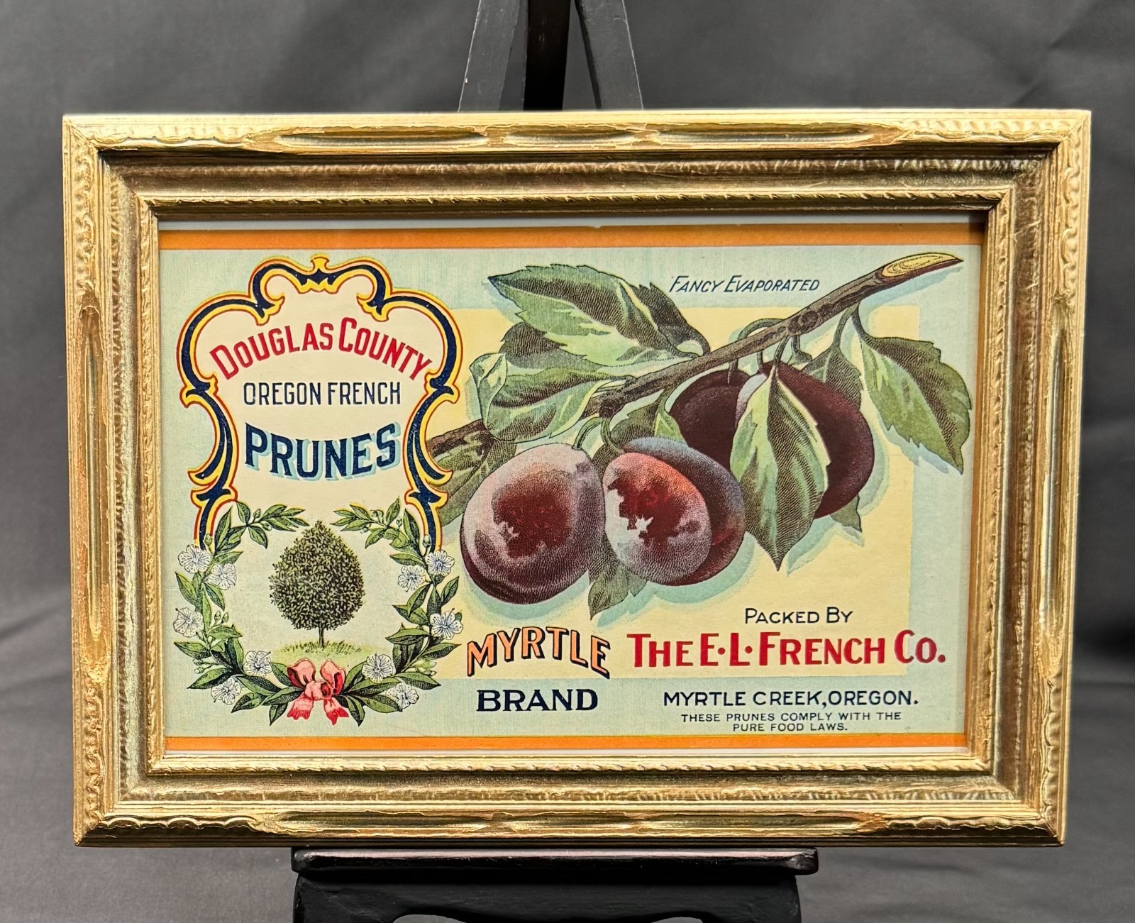 Vintage Oregon Prune Fruit Crate Label Framed Myrtle Creek Advertising