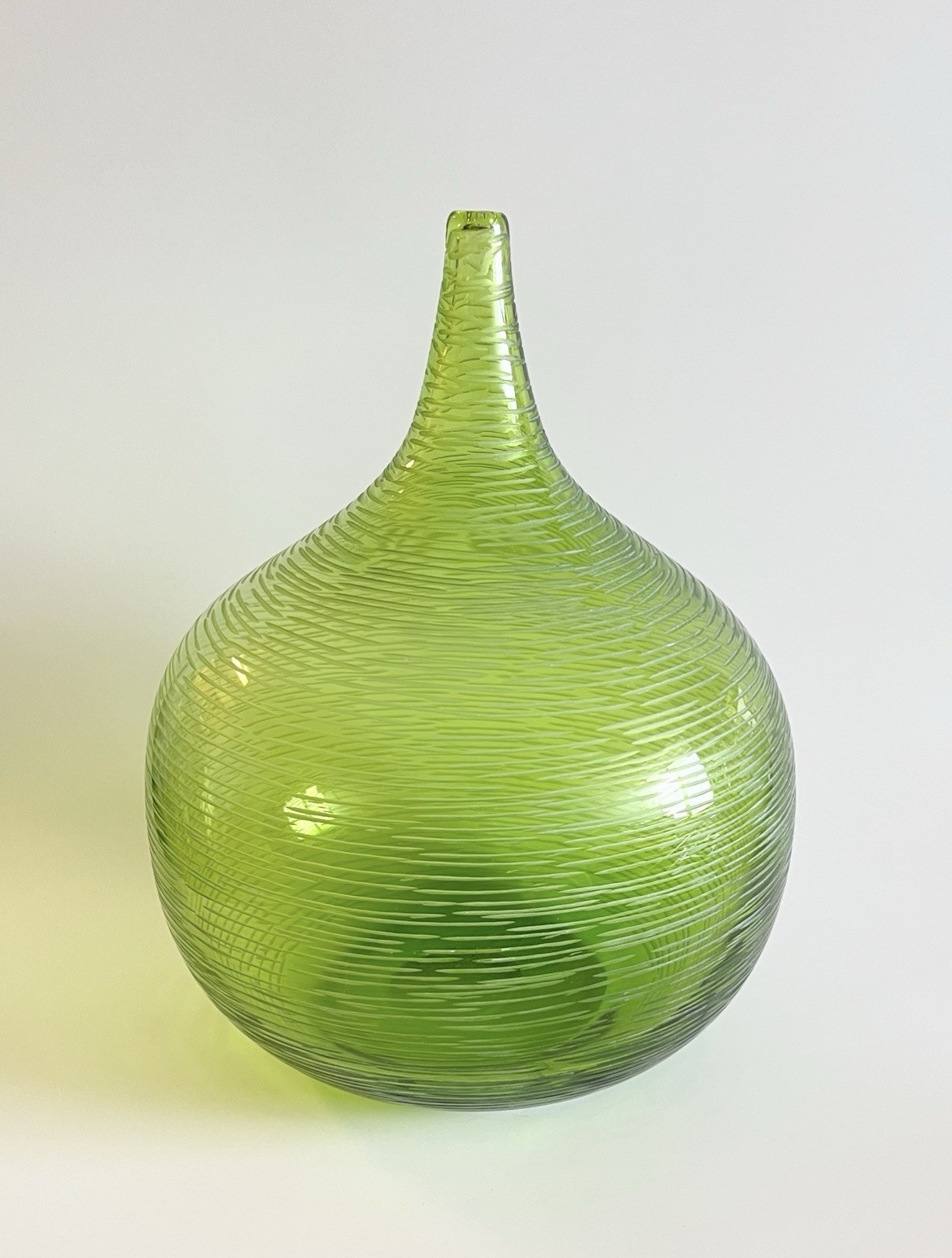 Vintage Green Art Glass Bottle Vase - Swirl Line Cut Texture - Teardrop 11” H