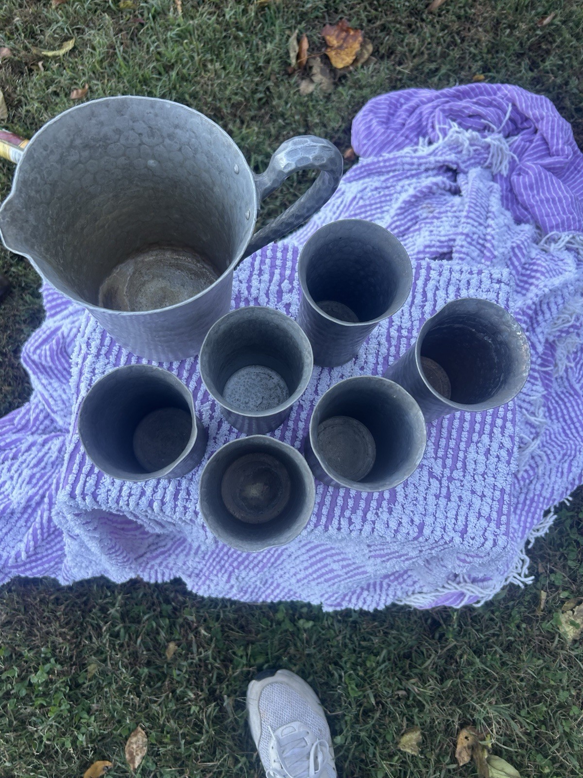 Vintage Hand Forged Hammered Aluminum Pitcher  With 6 Tumblers