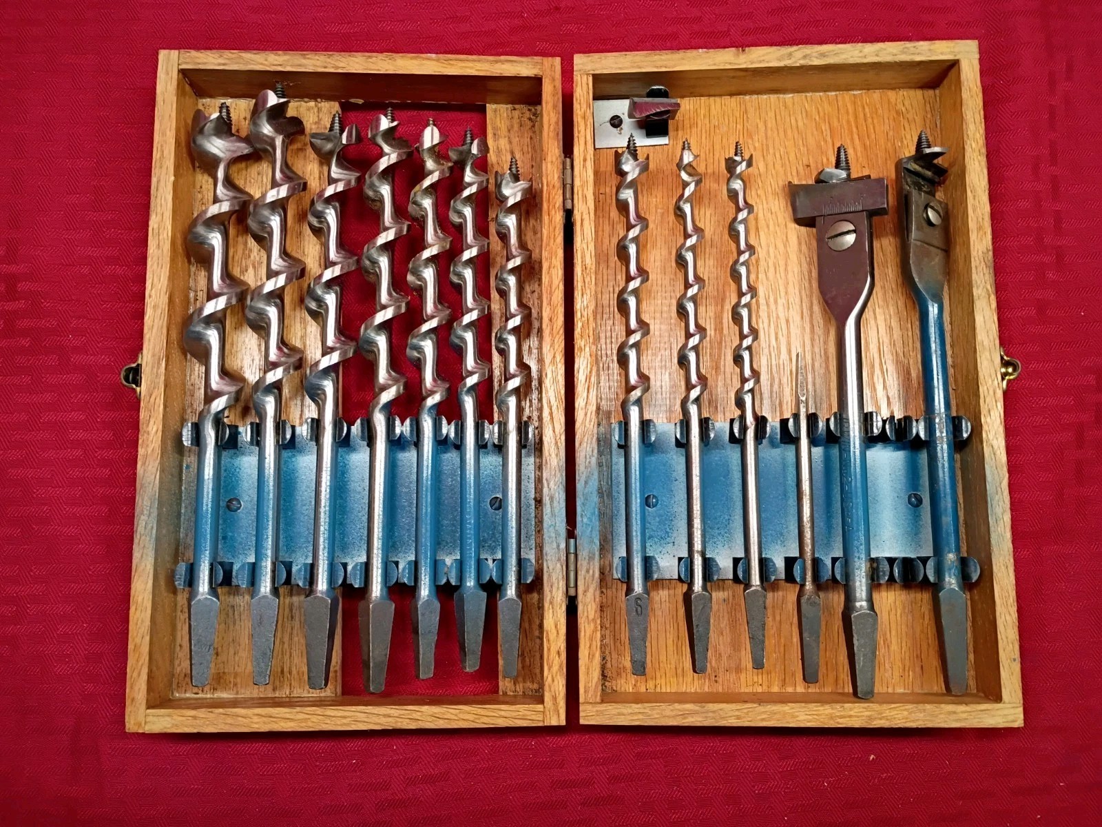 Vintage Irwin Complete Set (13), Oak Boxed Solid Center Wood Auger Drill Bits 