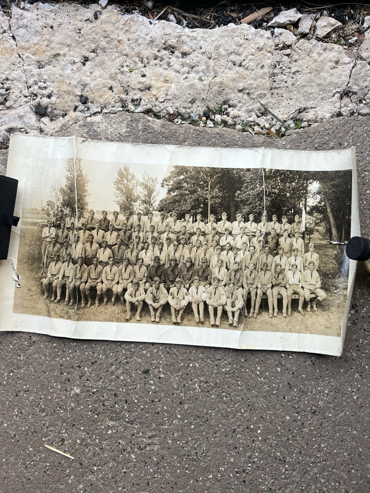 Antique 1930s Black White Panoramic Photo Yard-Long Military Camp Group Picture Antique 1930s Black White Panoramic Photo Yard-Long Military Camp Group Picture