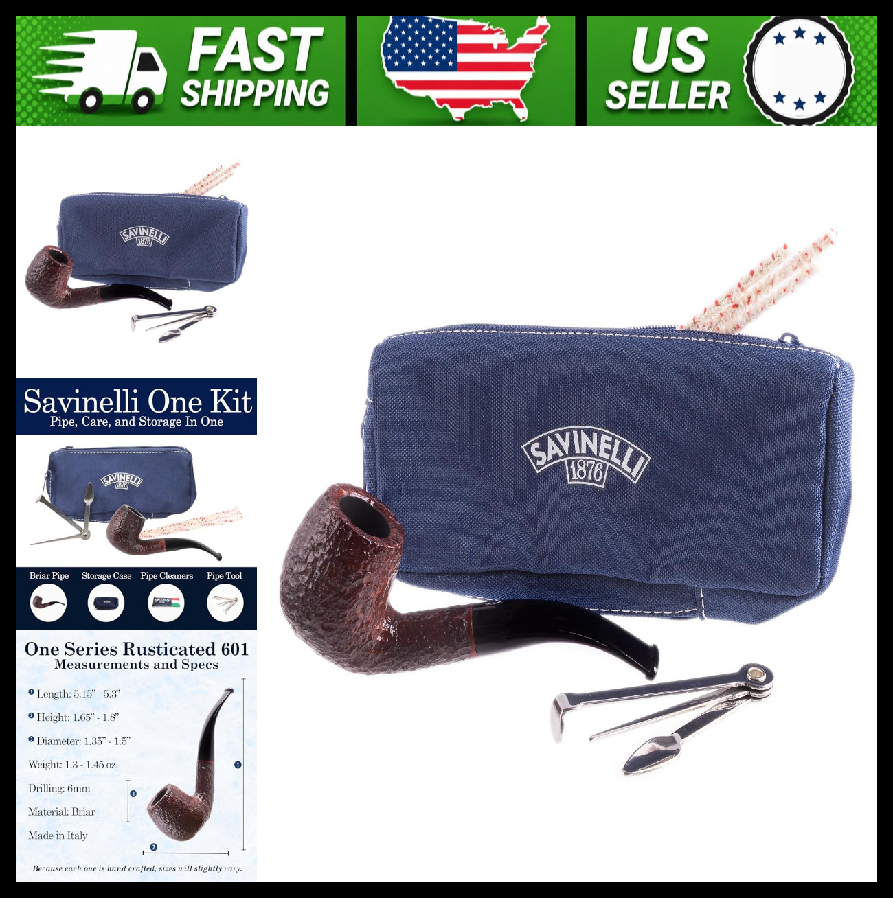 Savinelli Briar Wood Smoking Pipe with Tools and Pouch, Rustic Finish