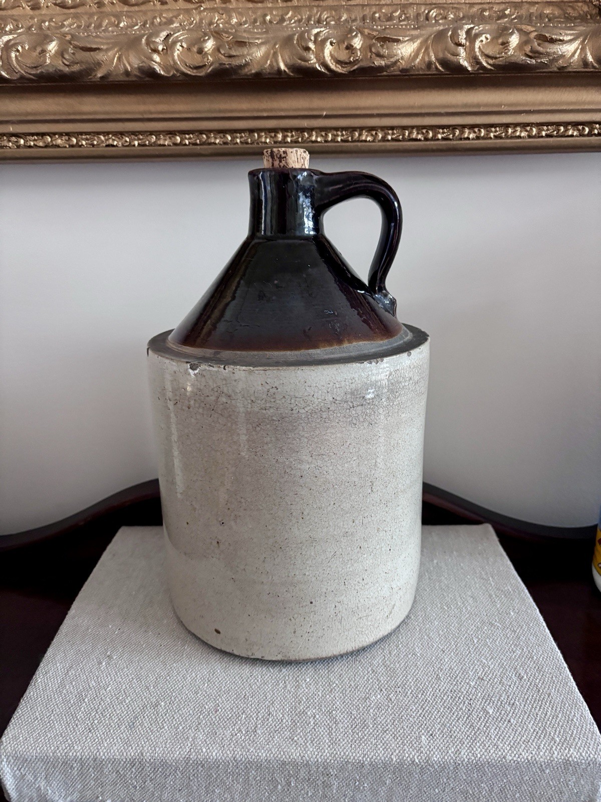 Antique Two Tone Stoneware Crock Jug, 1 Gallon Vintage Whiskey Moonshine Jug