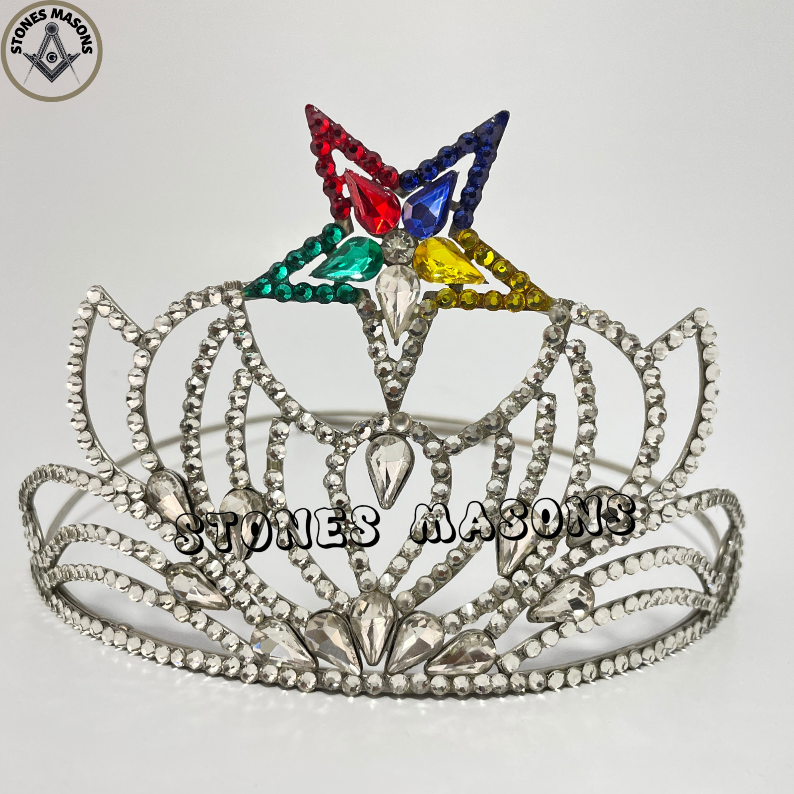 Masonic OES Matron Crown Silver tone adjustable fitting Decorated with Rhineston