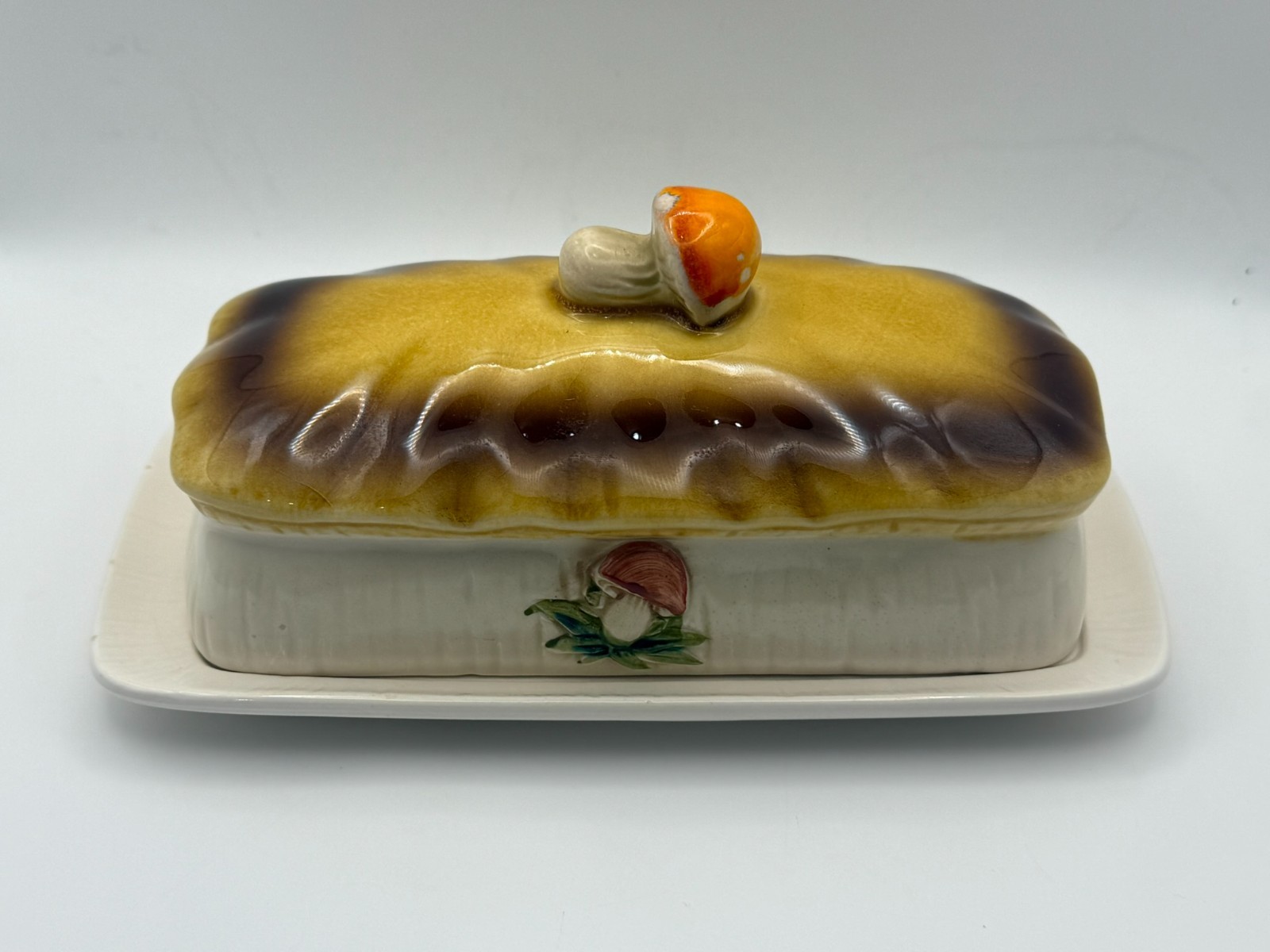 Vintage 1978 Merry Mushrooms Sears & Roebuck Ceramic 2 PC Butter Dish Japan RARE