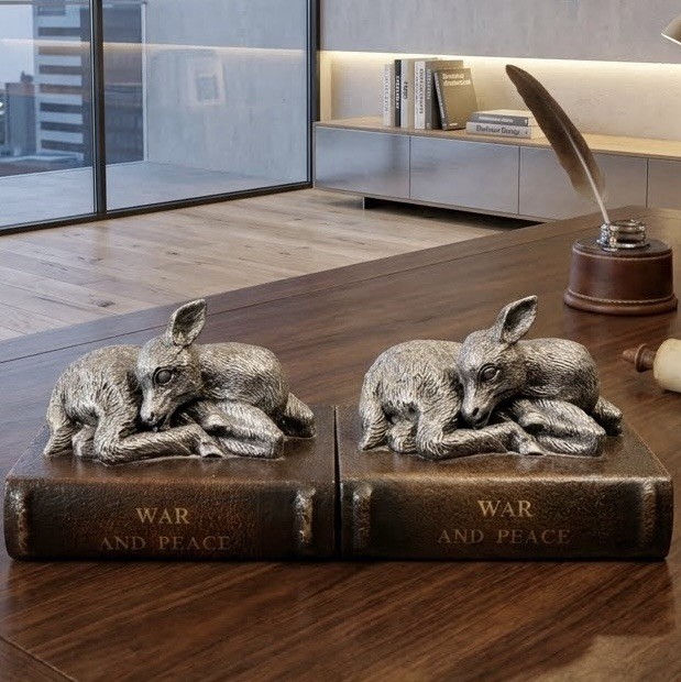 Vintage Sleeping Fawn Bookends Pair War And Peace Novel Base Pewter Look Finish