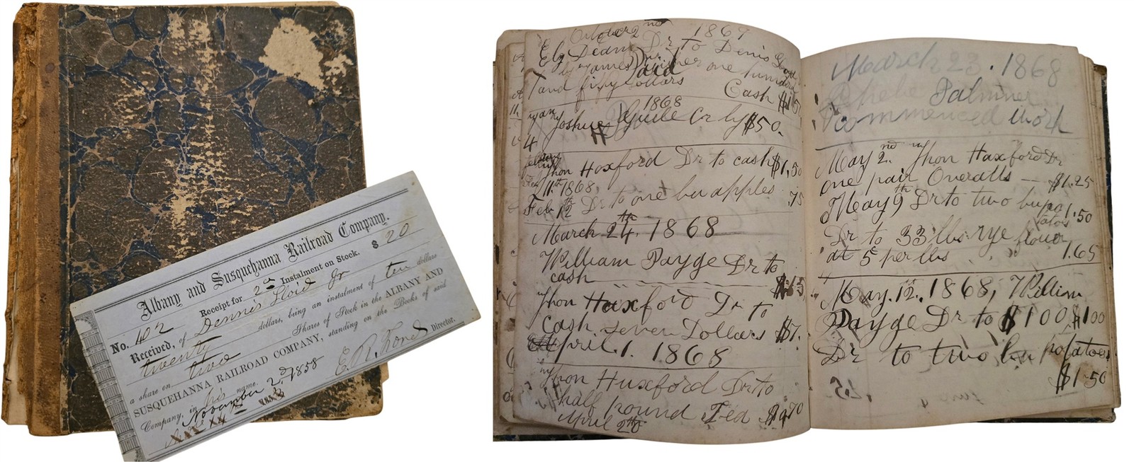 1859-1890s antique DENIS LLOYD franklin ny FARM ACCOUNT JOURNAL w RAILROAD 