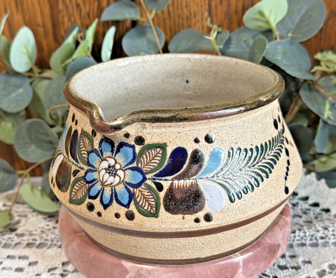 Tonala Mexican Tan Sandstone Pitcher w/ Handle Blue Floral Folk Art Signed 7x3\