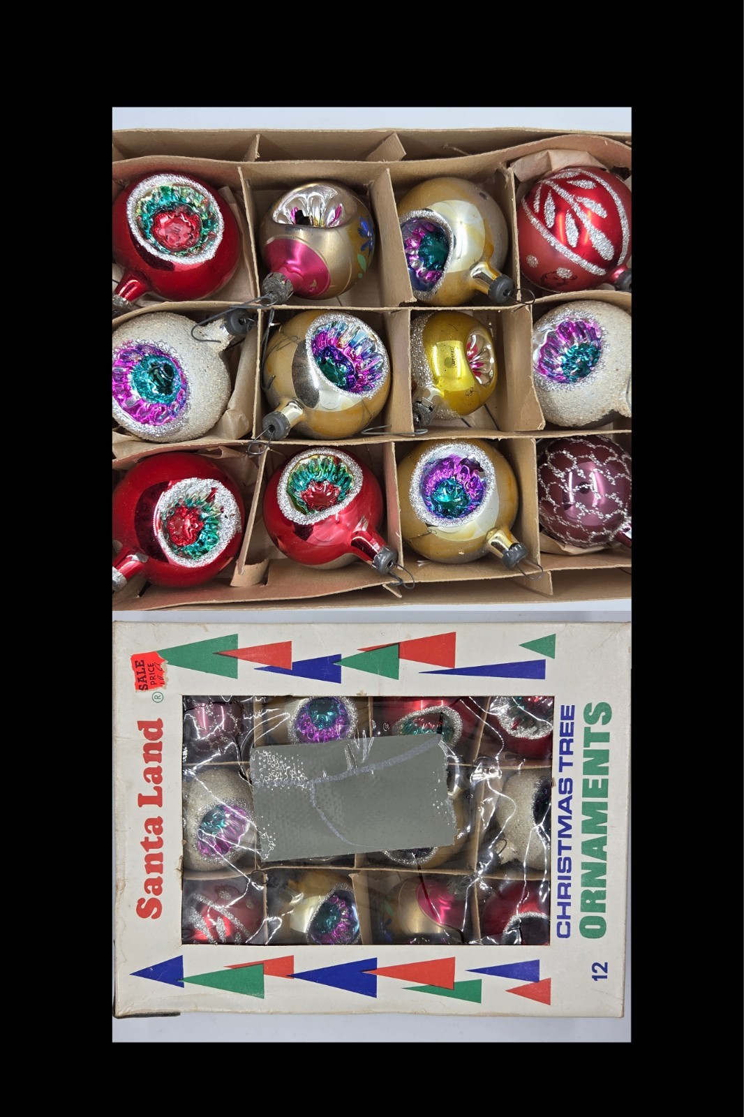 Vintage Santa Land hand painted Glitter Indent 12 Glass Ornaments Made In Poland