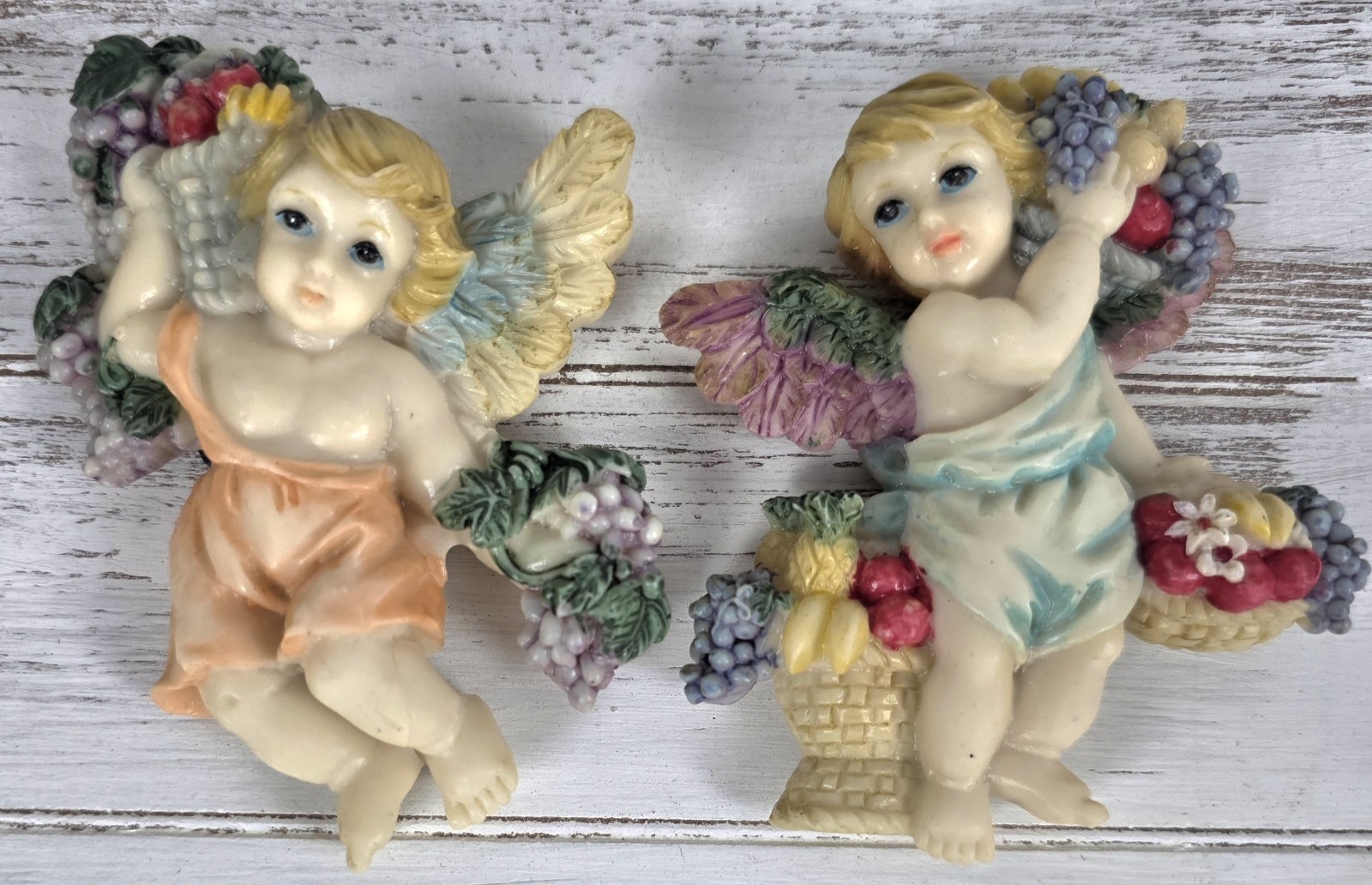(2) Vintage Hand-Painted Resin Cherub Angel Figurines Refrigerator Magnets