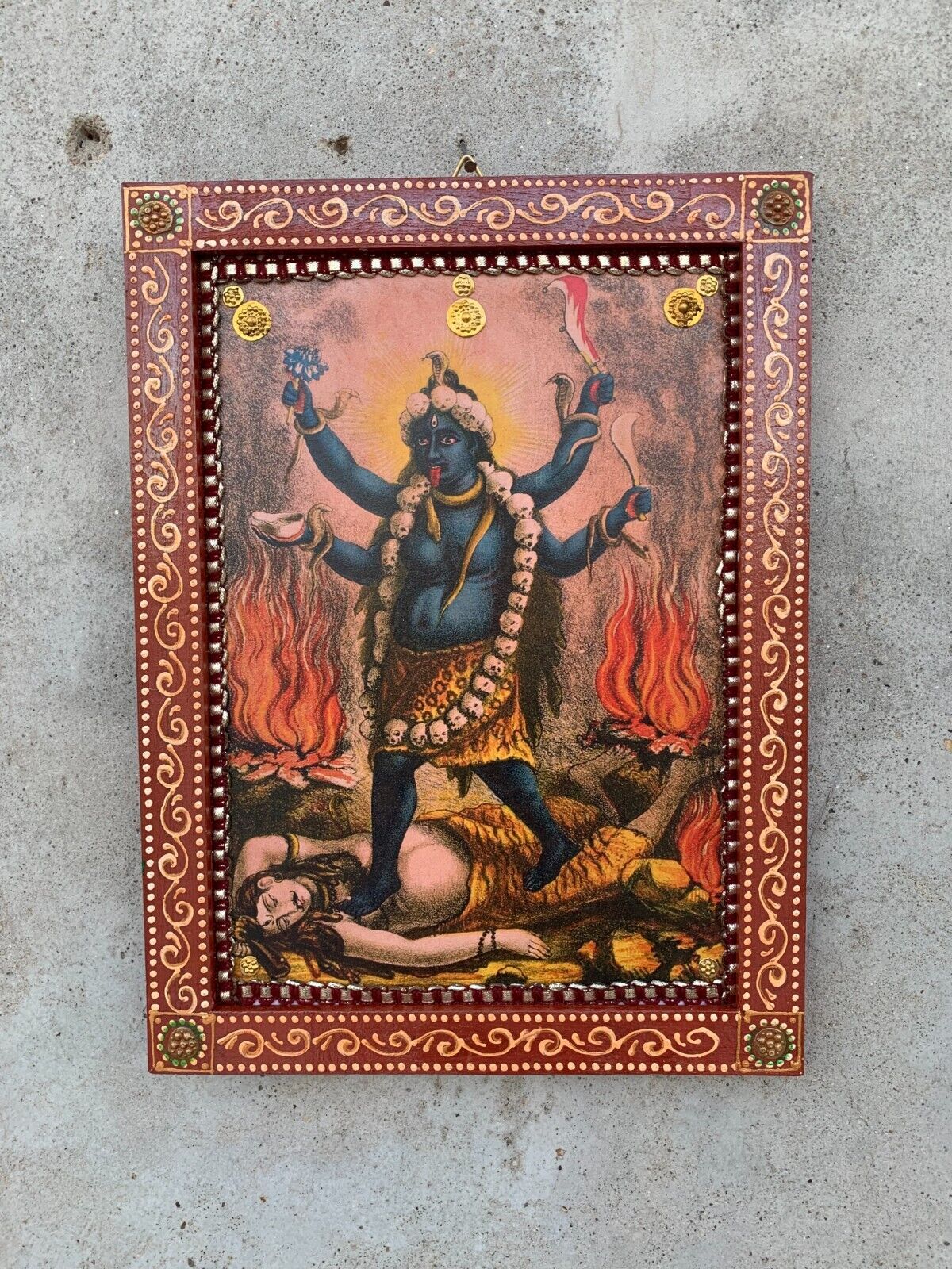 Old Kali Mata Photo,Maha Kali with Shiva Picture,Wooden Painted frame- 8.5x11.5\