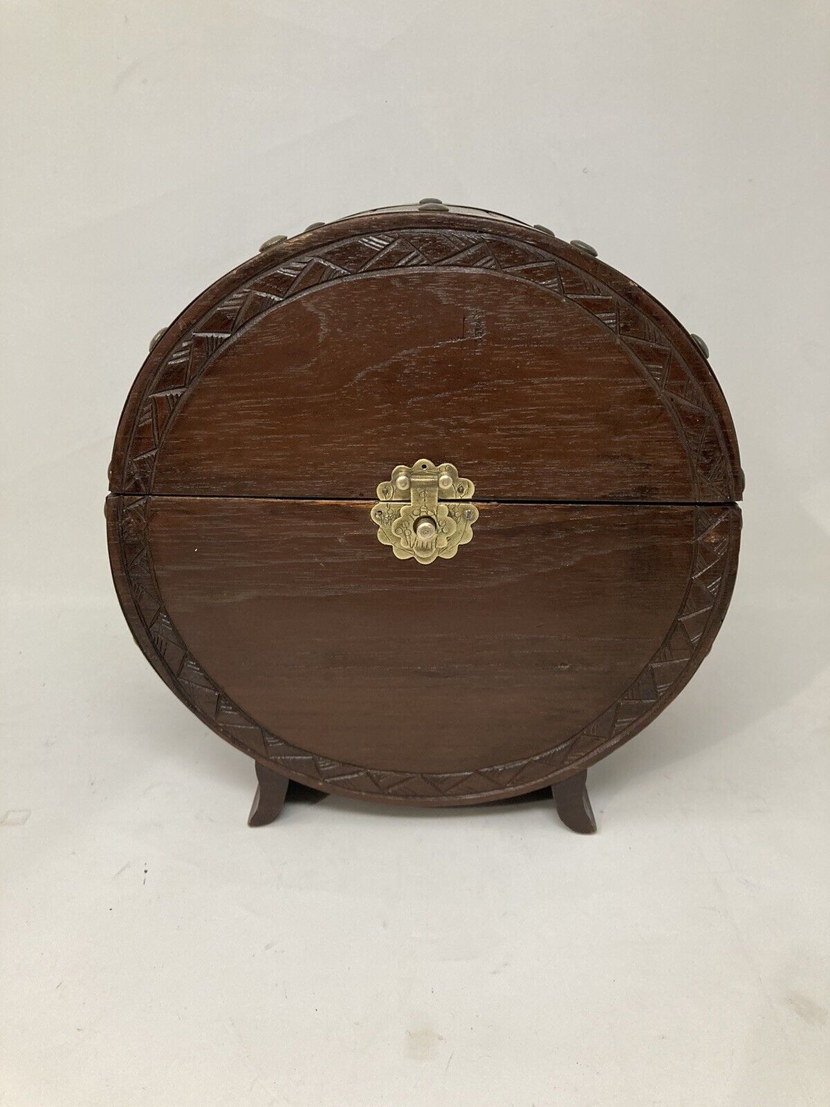 Vintage Round Unique Asian Jewelry Trinket Box Wood Brass Red Velvet Barrel