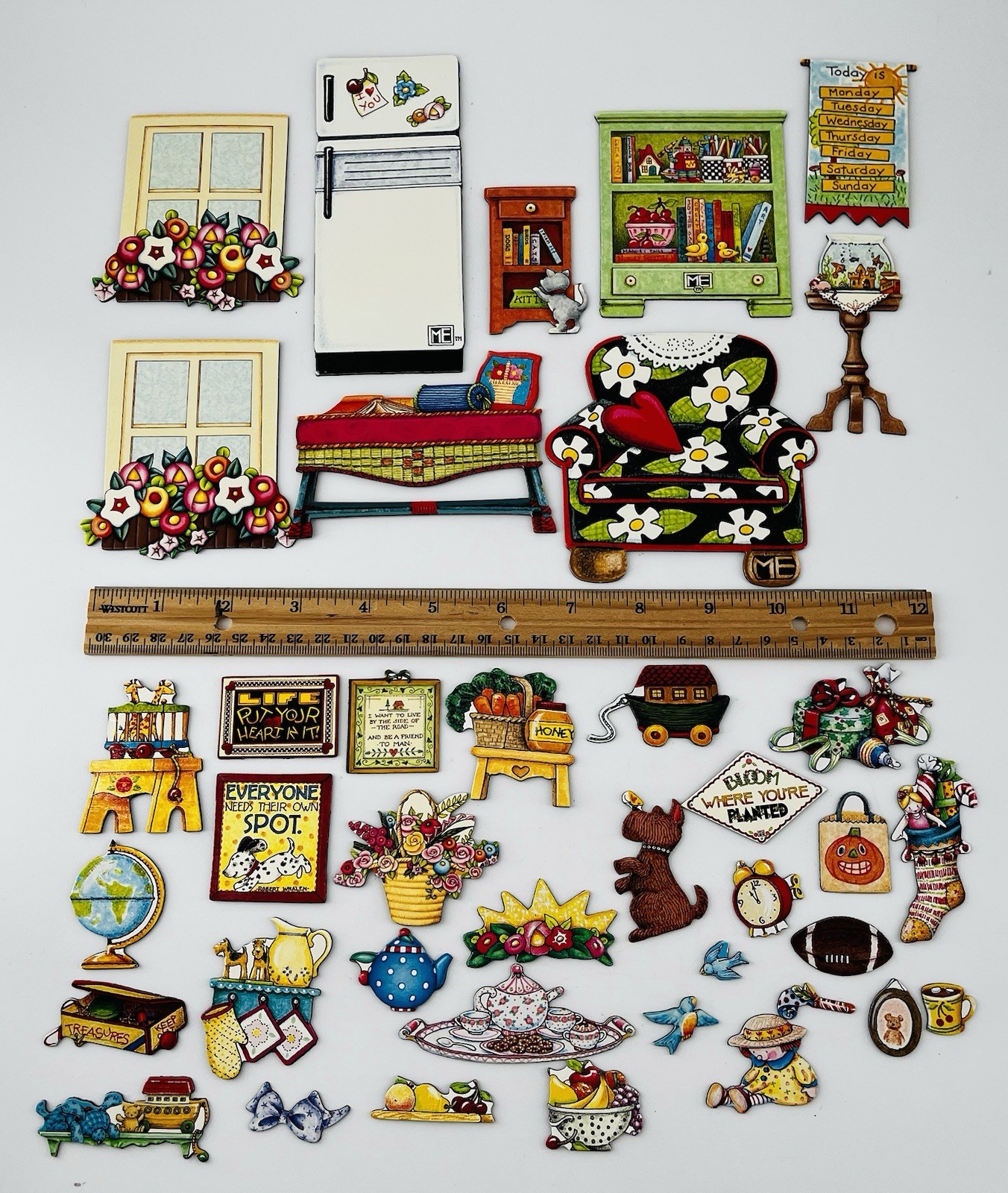 Vtg 1990s Mary Engelbreit Fridge Magnet Lot 30+ Kitchen Home Whimsical Sayings