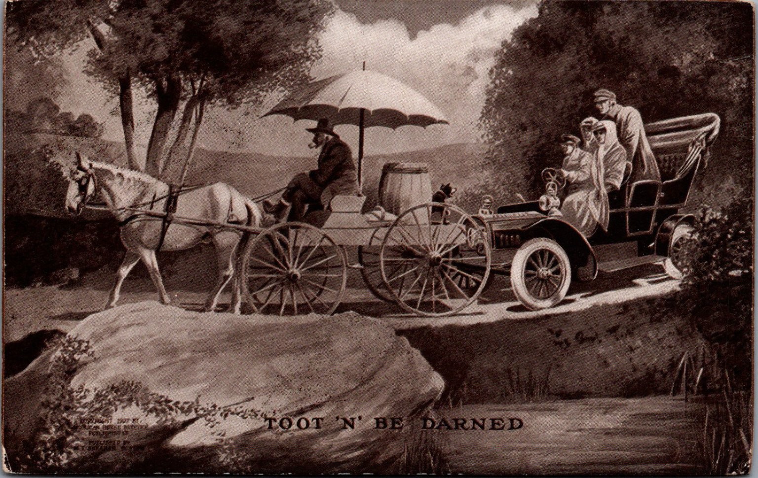 1909 Yellowstone Park Toot \'N\' Be Darned Humorous Auto Horse Postcard Sheahan