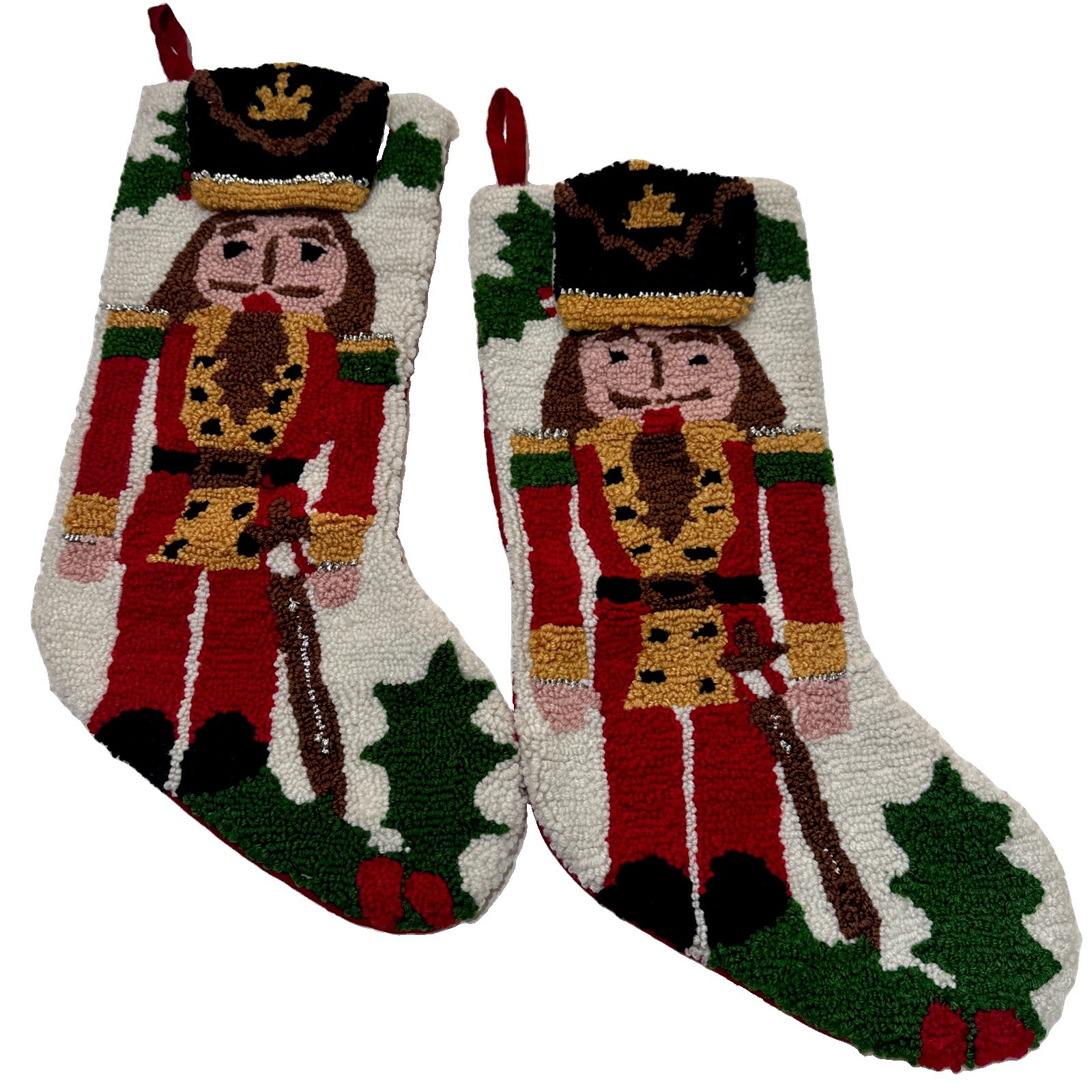 Pier One Imports Christmas Stocking Nut Cracker Hooked Rug Texture 2 Peice