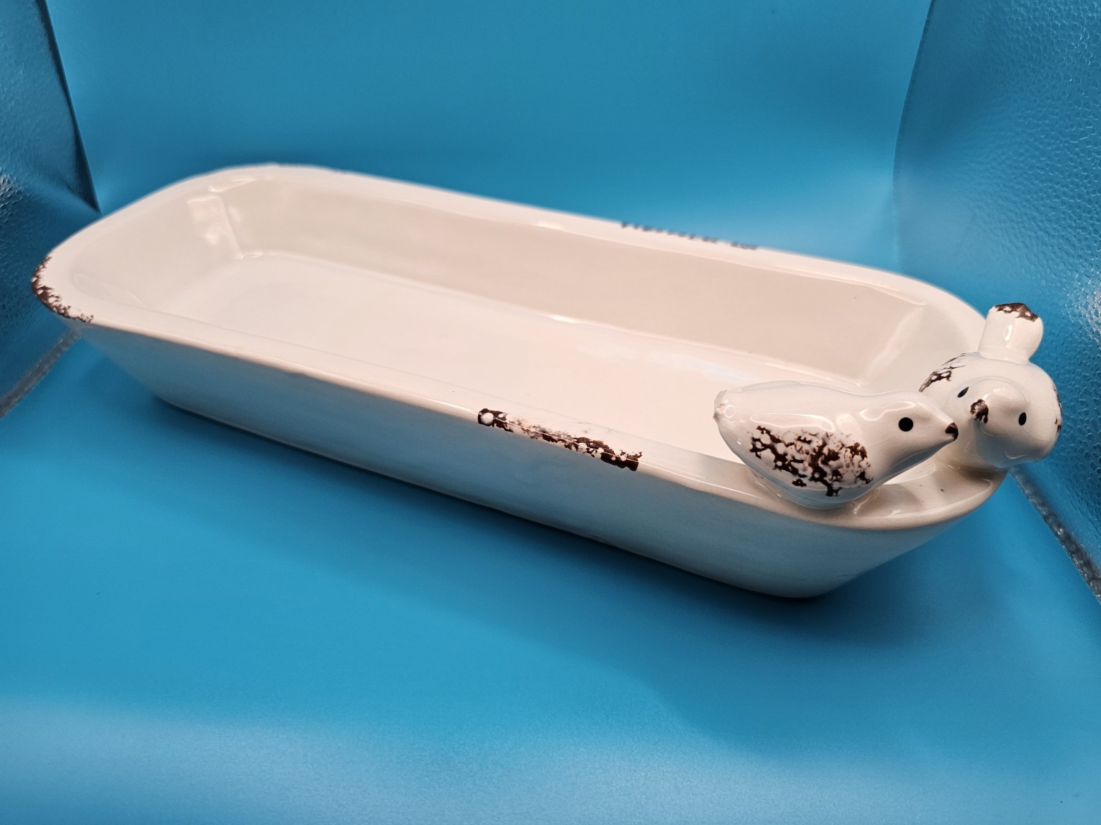 The Spring Shop Ceramic Bird Planter Trough Long White Distressed Farmhouse Deco