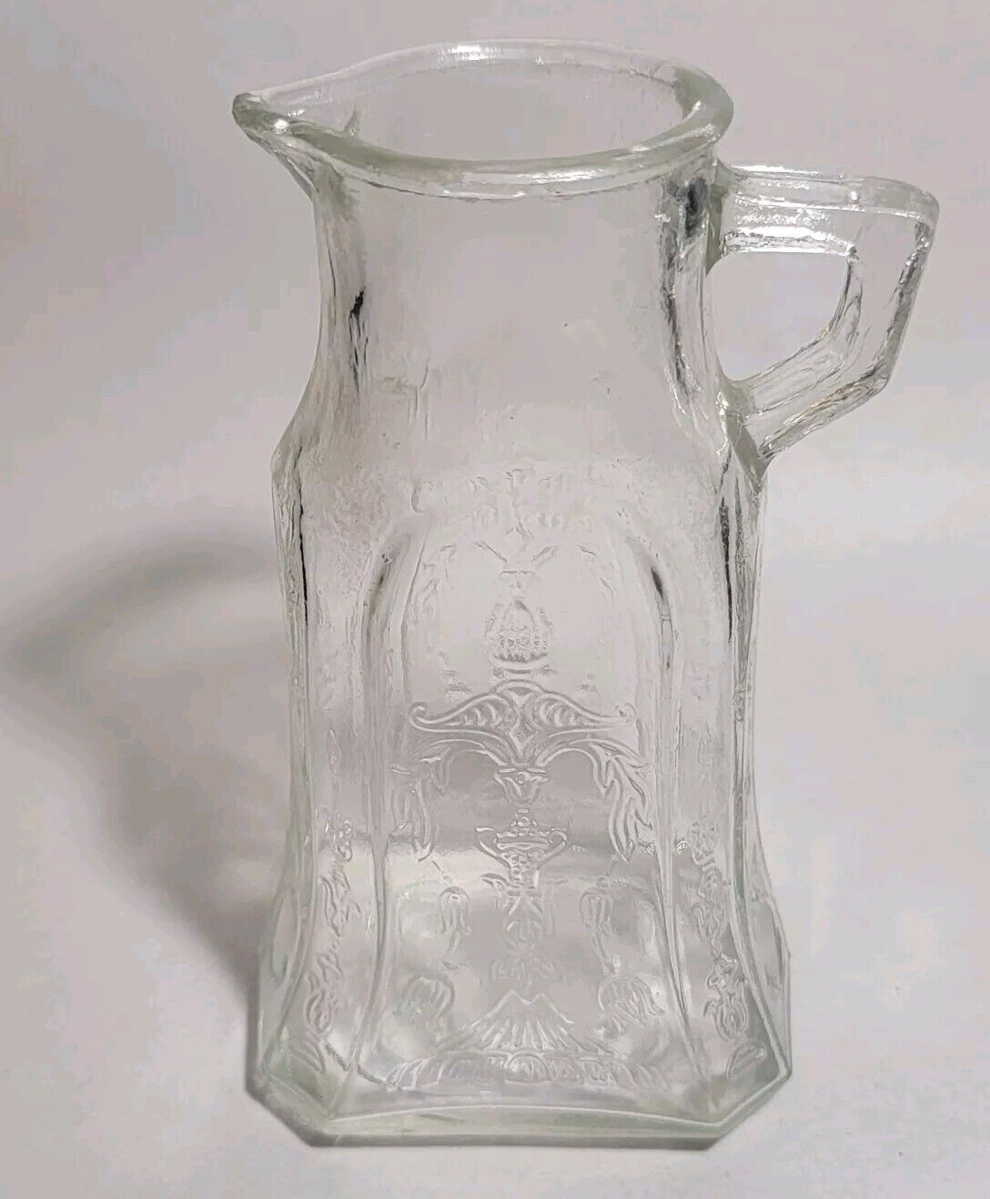 Nice Vintage Clear Glass Pitcher or Creamer w/ Raised Ornate Art Deco Designs 