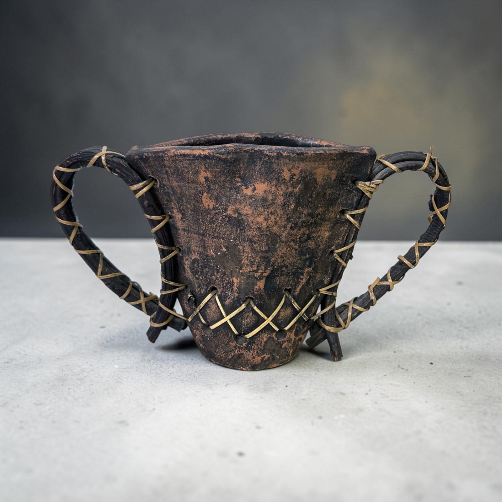 Vintage Primitive Clay Vessel Basket Two Double Handle Rattan Wrapped Pottery