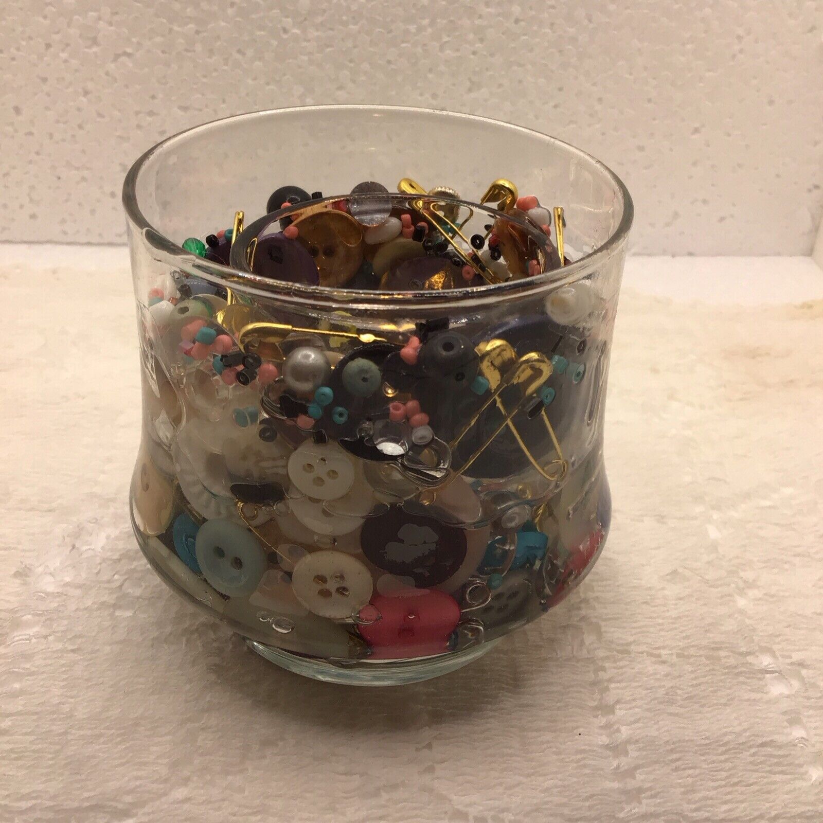 Glass Tea Light Holder, Buttons & Sewing Items Embedded in Resin, Unique Art