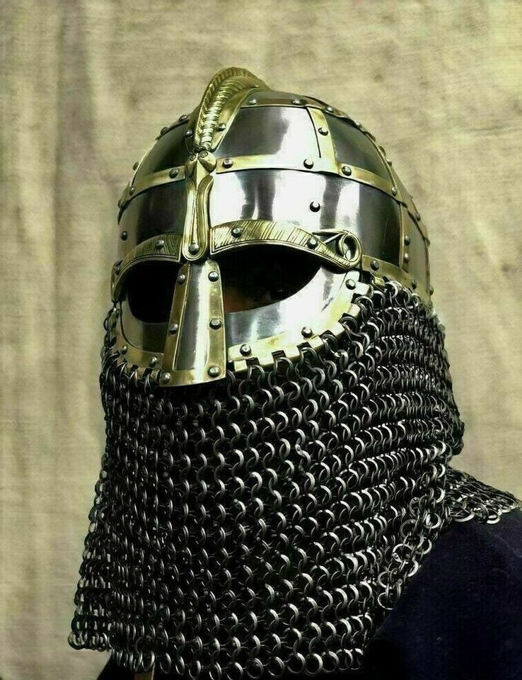 14GA SCA Vendel Medieval Viking Helmet Knight With Chainmail Helmet Viking Brass