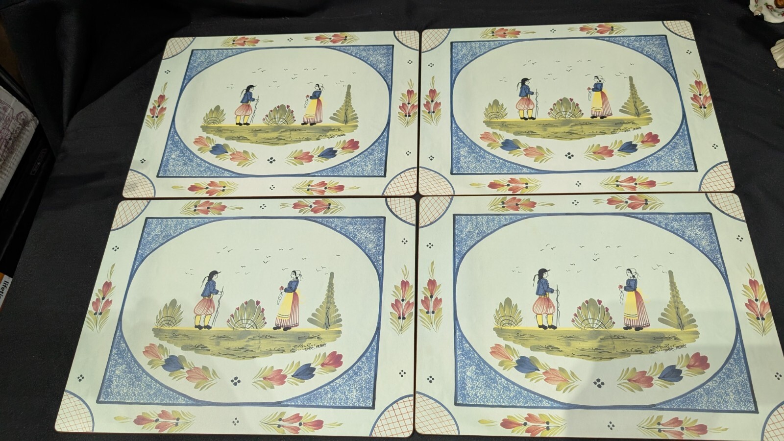 HB Henriot Quimper Lady Clare Ltd Placemat Set of 4 Coasters Blue Felt England