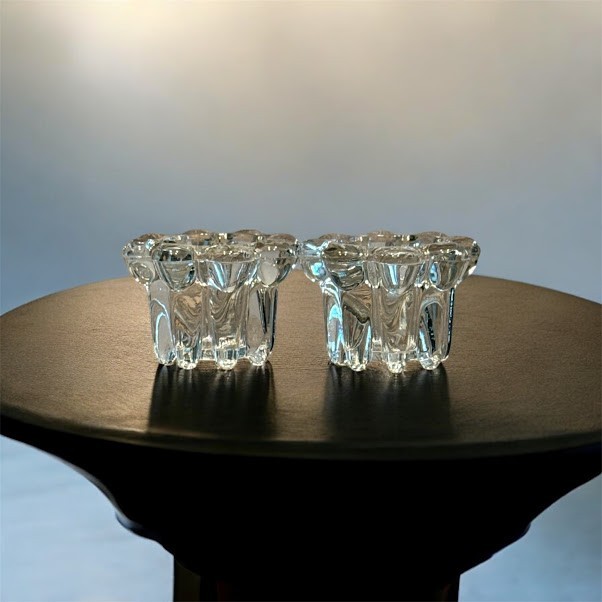 Set of 2 EUC KIG INDONESIA Candle Holders Clear Glass Petal Shape Taper/Votive