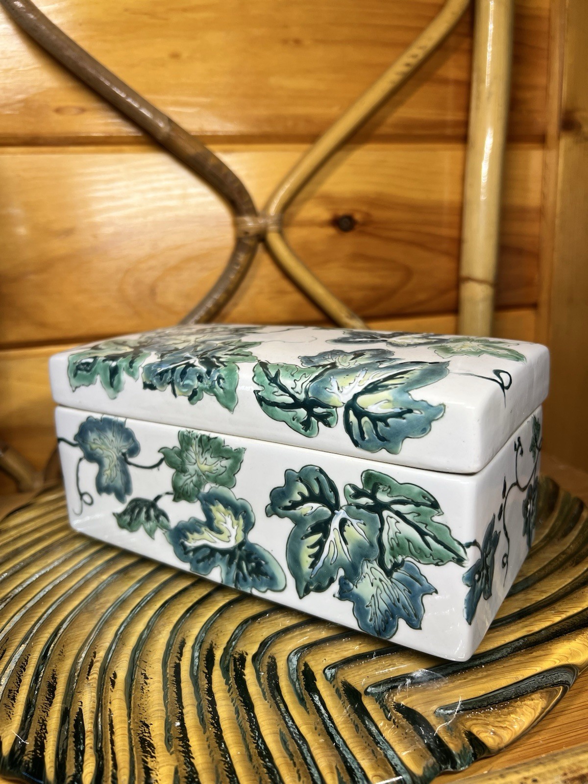 Vintage Hand Painted Porcelain Trinket Box Large Ivy Leaf