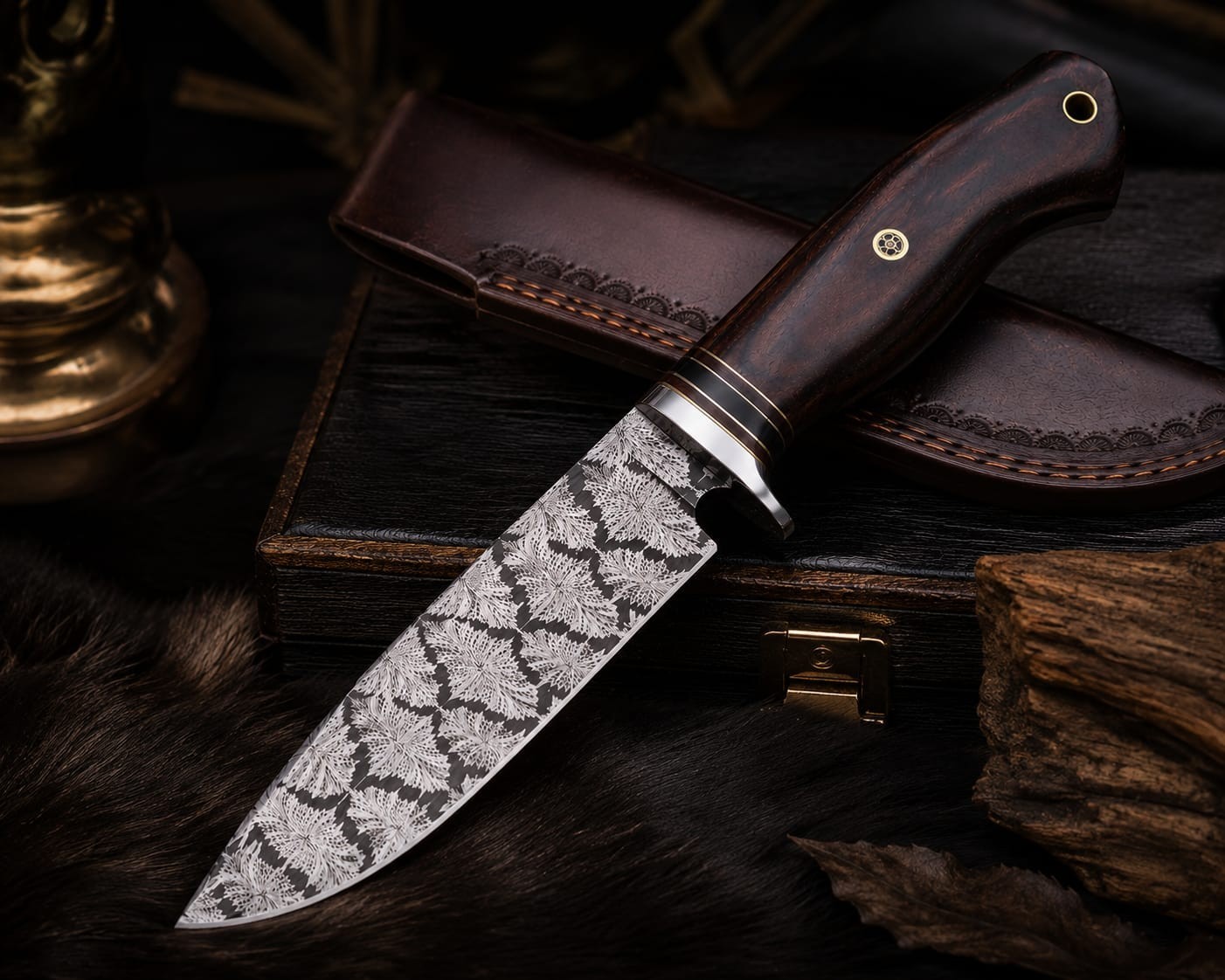 Handmade Mosaic Pattern Damascus Hunting Knife 1095 & 15N20 Steel Gift for Him