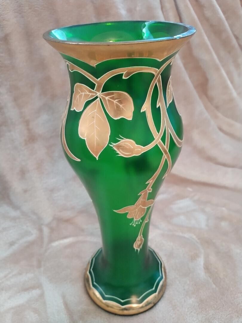 Vintage Green glass vase with gold trim