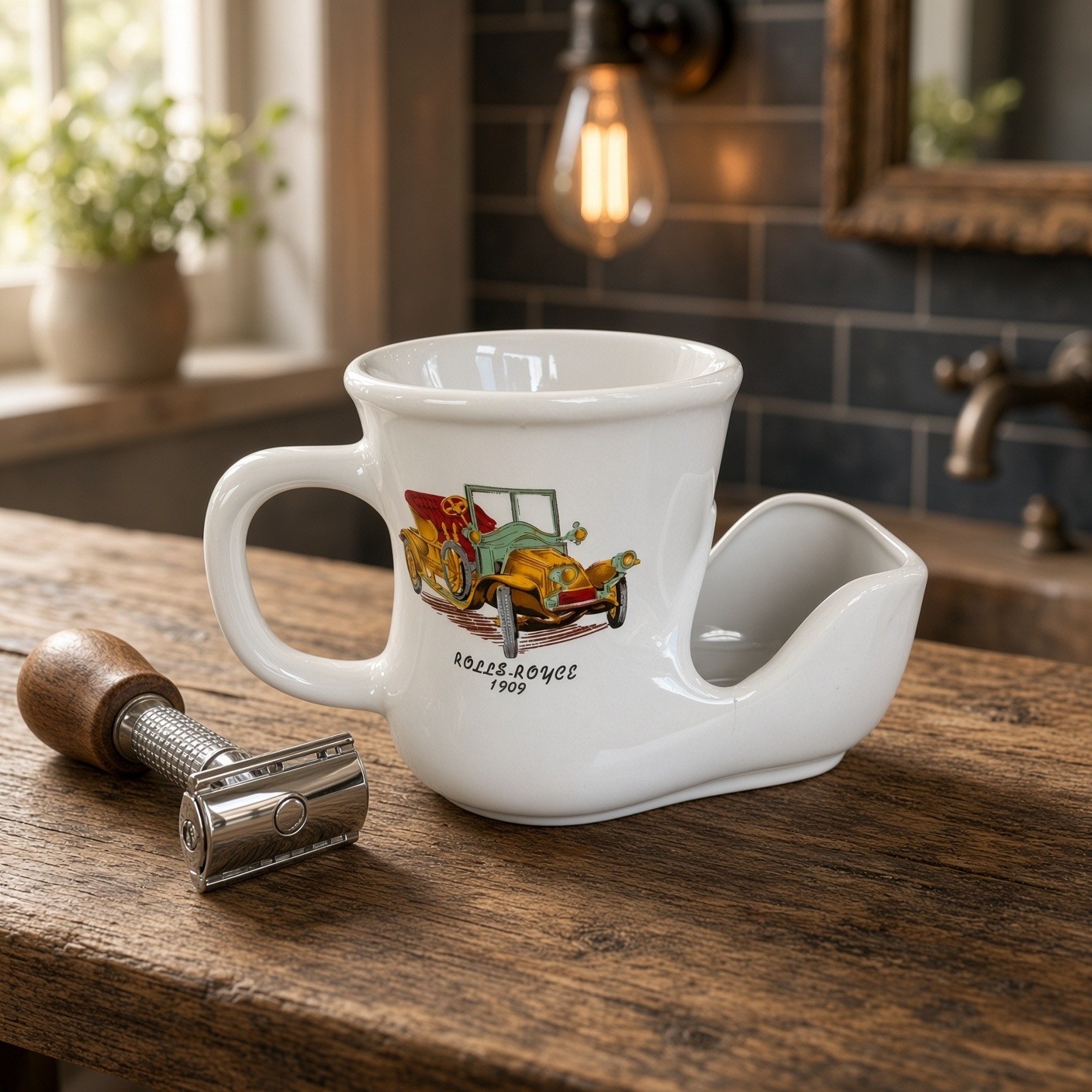 Vintage Rolls-Royce 1909 Ceramic Shaving Scuttle Mug White Antique Car Graphic Vintage Rolls-Royce 1909 Ceramic Shaving Scuttle Mug White Antique Car Graphic