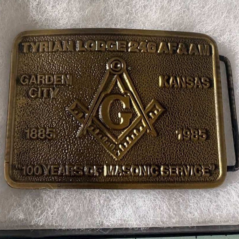 Vintage Tyrian Lodge 246 Masonic Centennial Belt Buckle Garden City Kansas 1985