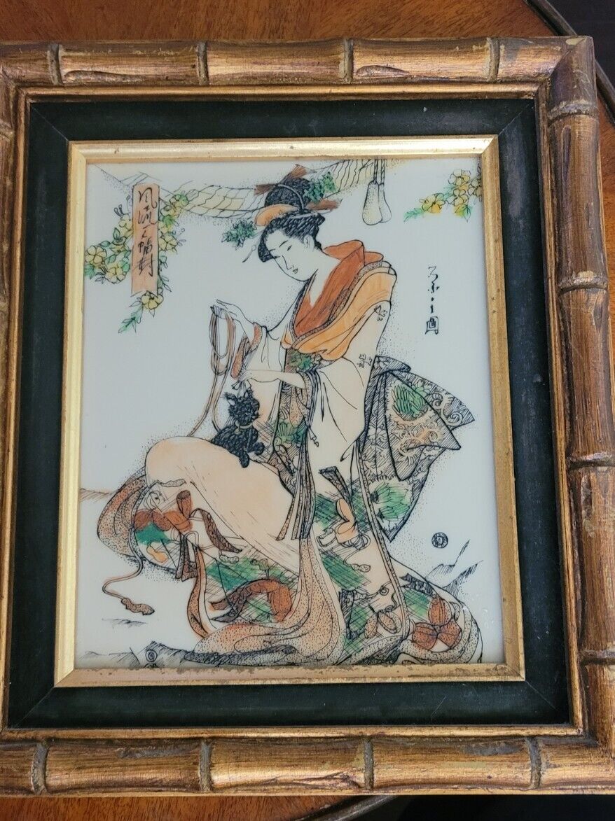 Antique Japanese Celluloid Etching Immortal with Cat Famille Rose Framed Signed