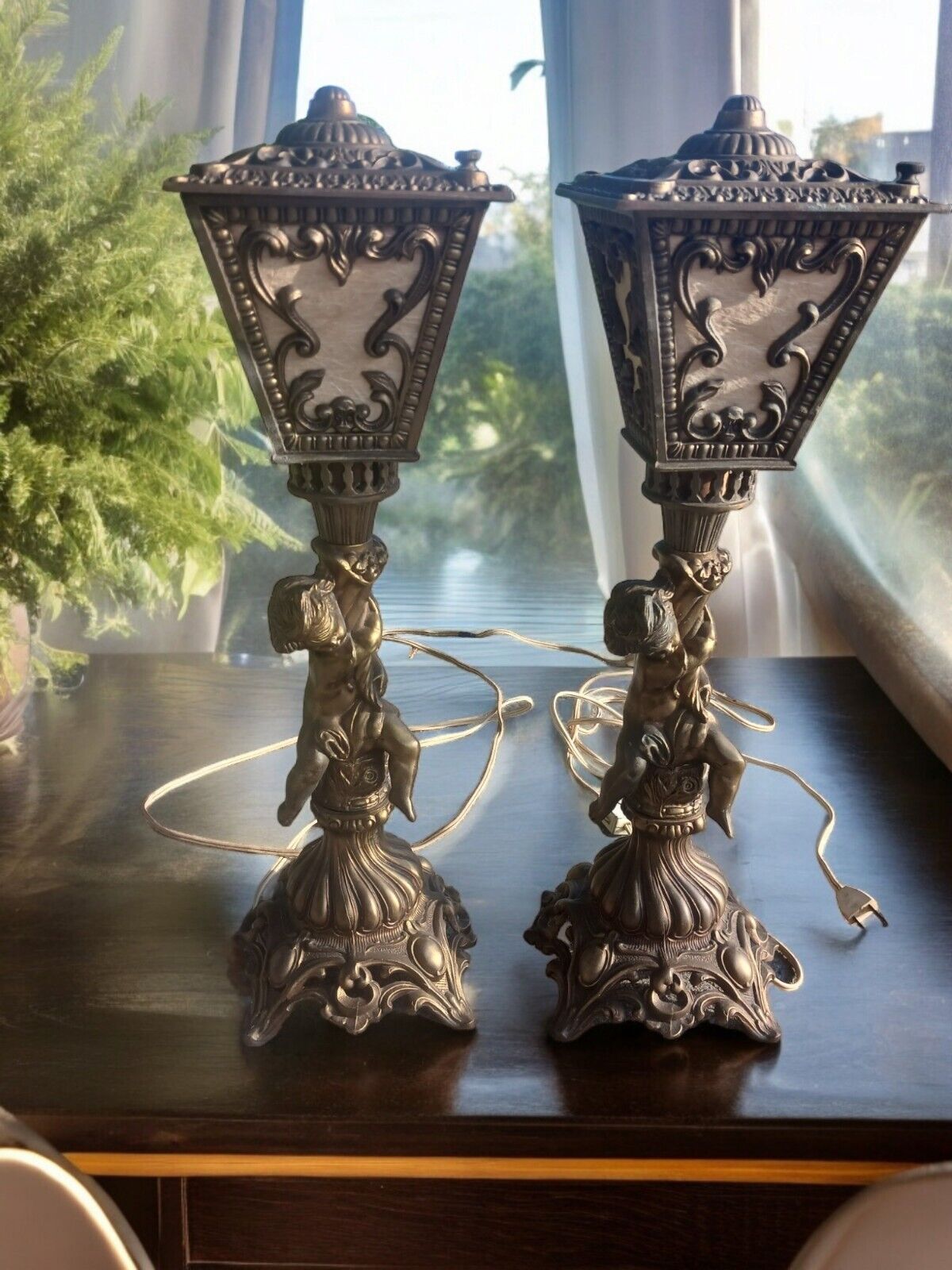Rare Set Of Two Vintage L&L WMC Metal Cherub Table Lamps 
