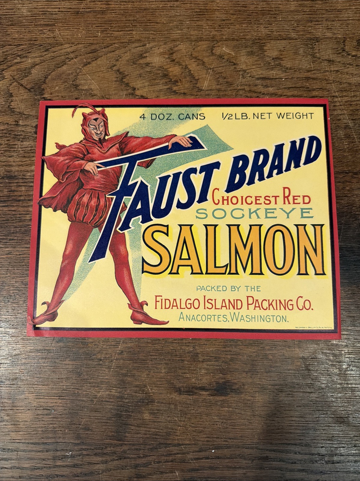 Original Vintage Sockeye Salmon Label, Faust Brand Anacortes WA, Red Devil AR4