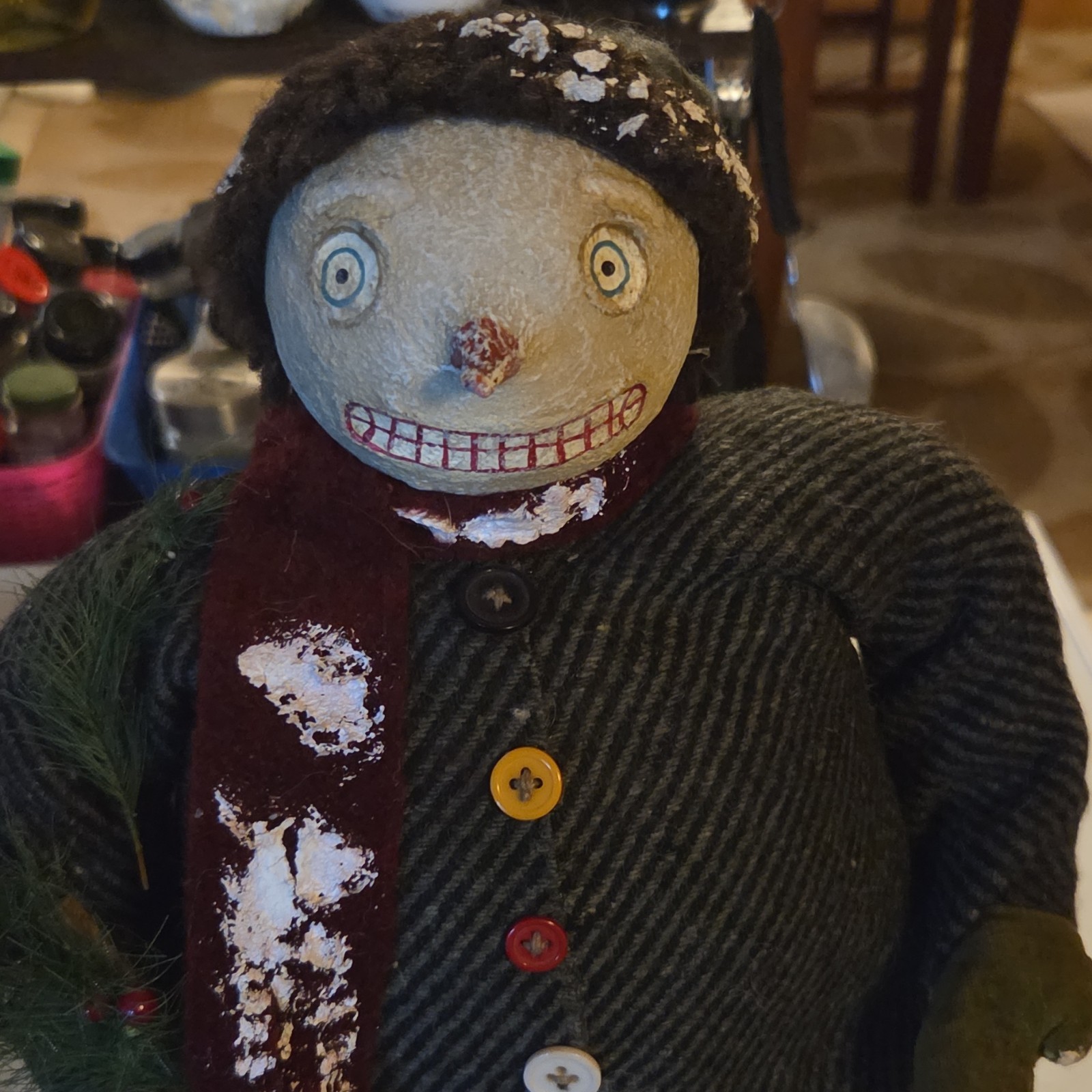 ESC Trading Company Handmade Fabric Snowman Figurine, Multicolor Striped