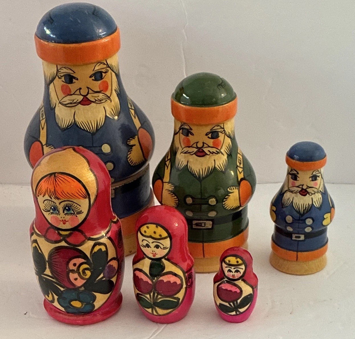 2 Sets VTG Russian Nesting Dolls 3-Woodsman and 3-Girl Dolls