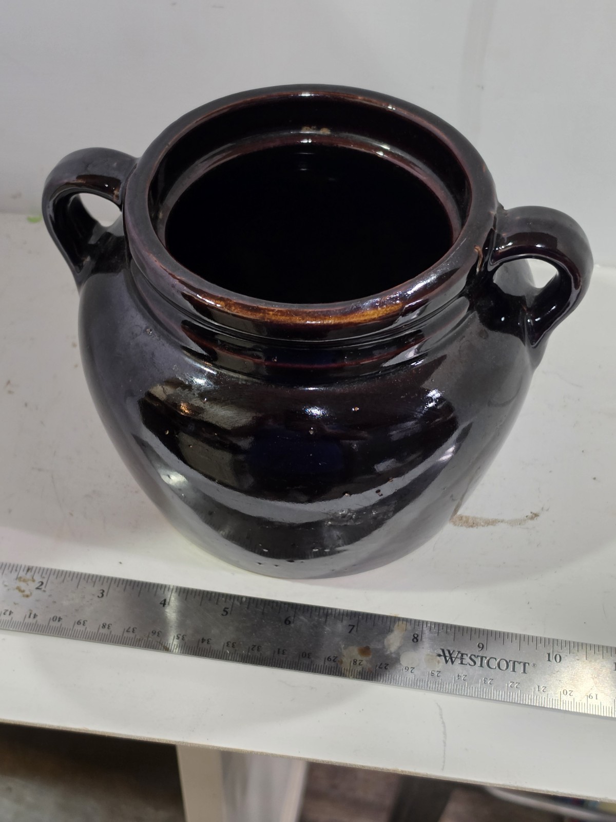 Vintage Dark Brown Glazed Stoneware Bean Pot Crock Dual Handles USA Made 6.5\