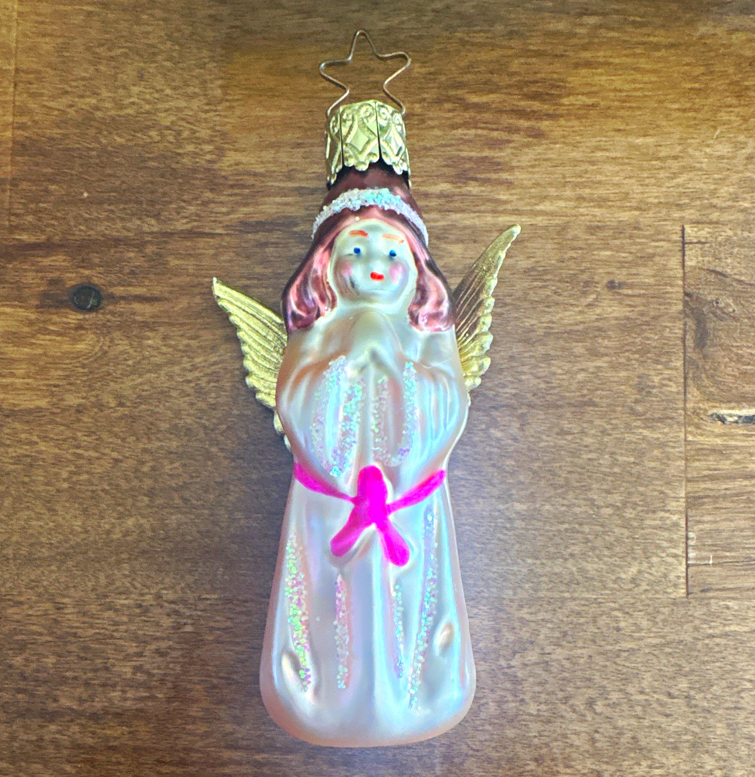 Made in Germany Glass Angel Christmas Hanging Ornament Pink White Gold