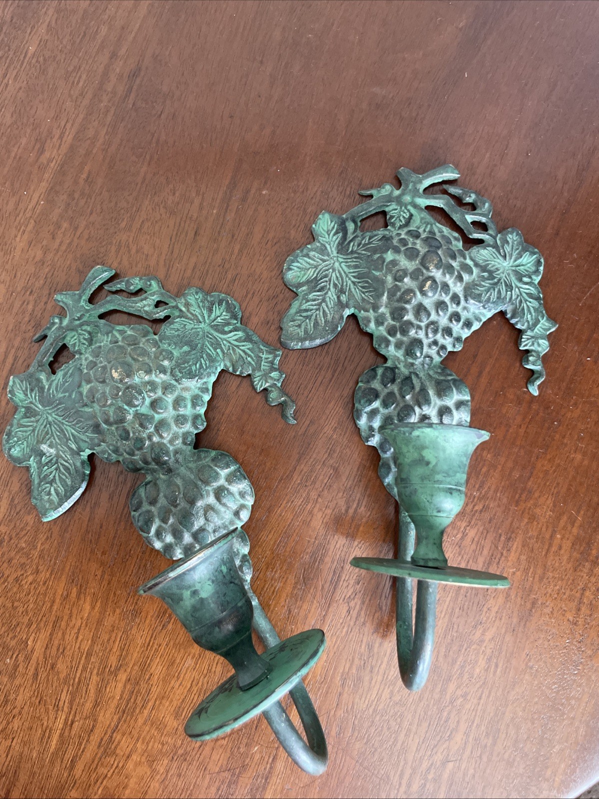 Vintage Verdigris Grape Wall Sconces, Pair of 90s Metal Candle Holders