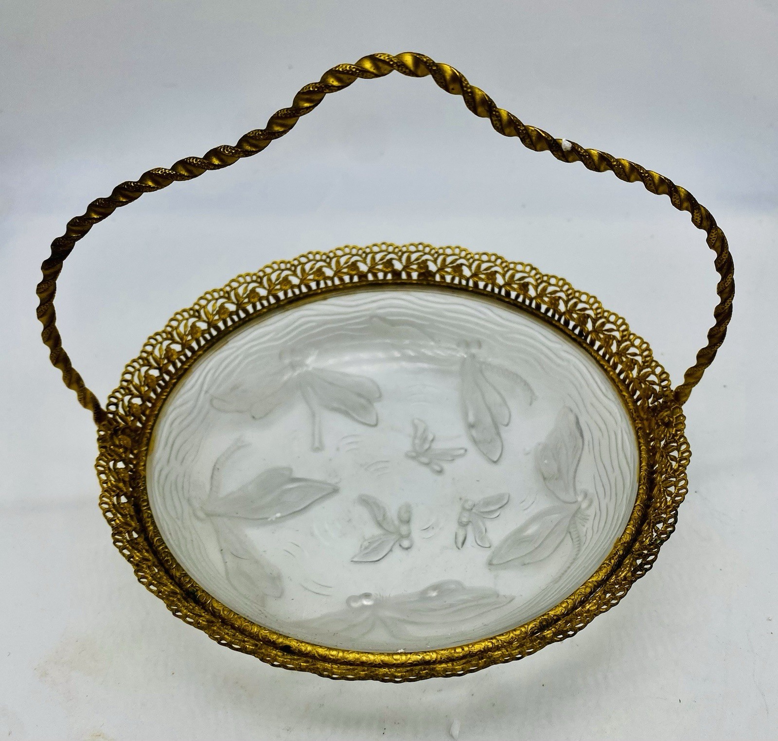 Antique FRENCH Art Noveau frosted glass Ormolu Dish With Dragonflies 