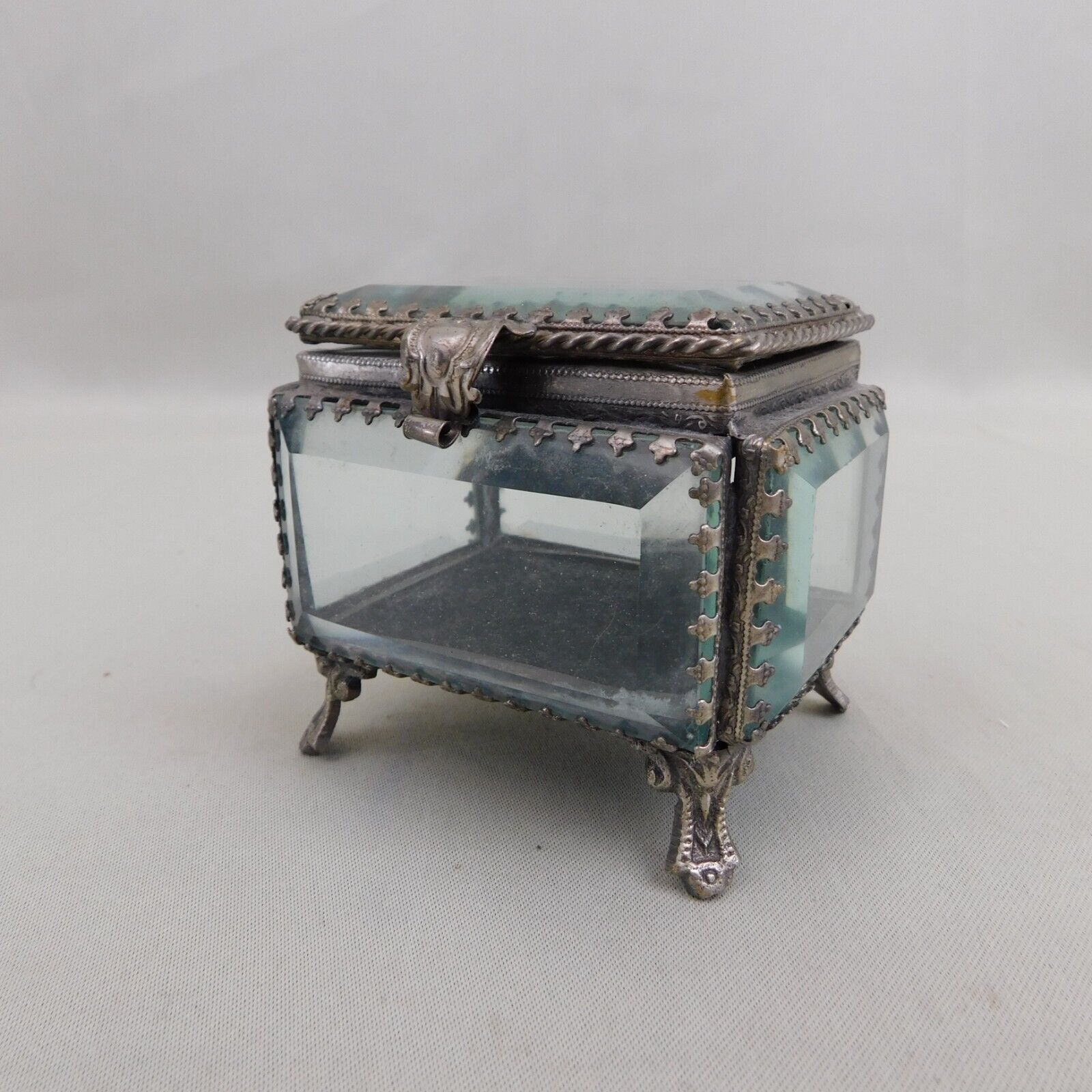 Vintage Blue Glass Casket Box Made in India with Feet #C196