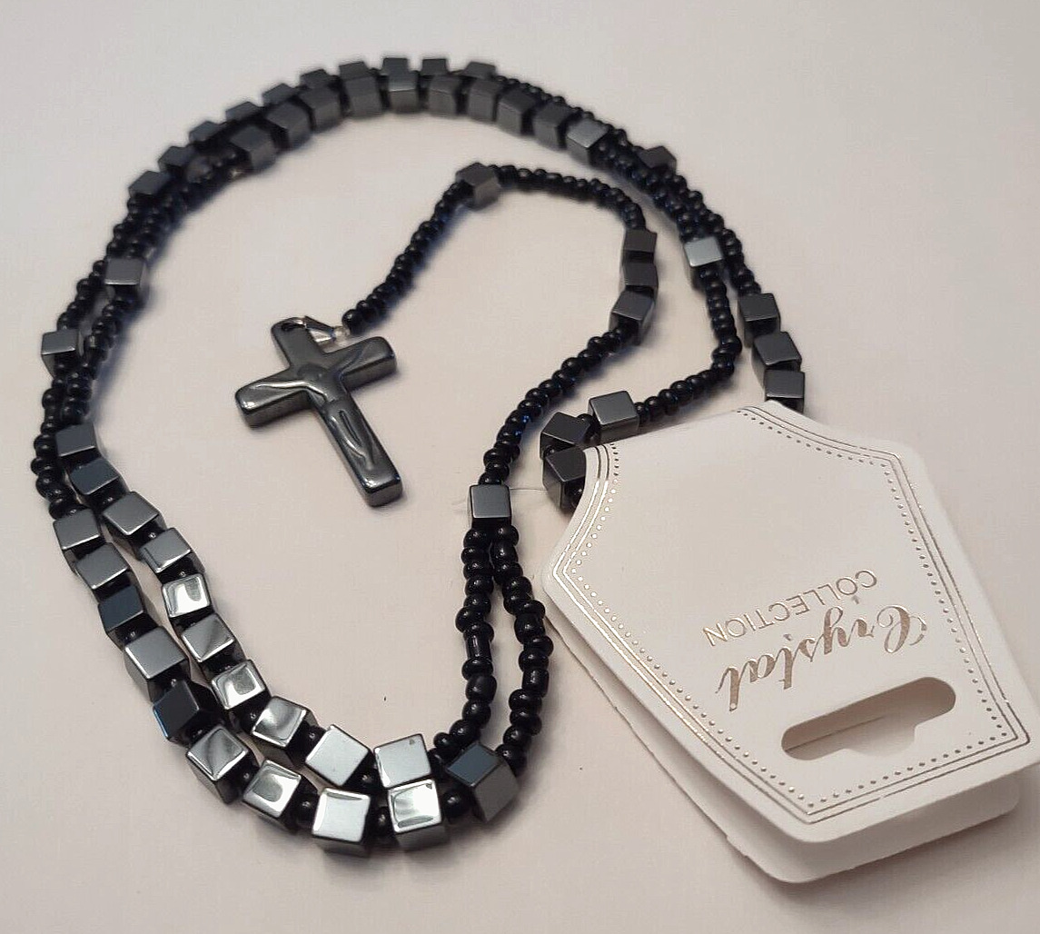 NEW Christian Rosary All-BLACK Hematite Beads & Crucifix Necklace GIFT Sharp