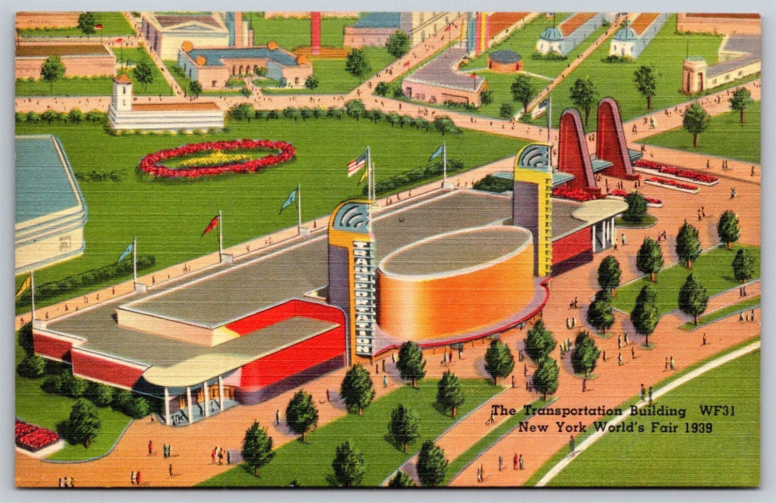 NY Worlds Fair 1939 Linen Postcard The Transportation Building Aerial View WF31