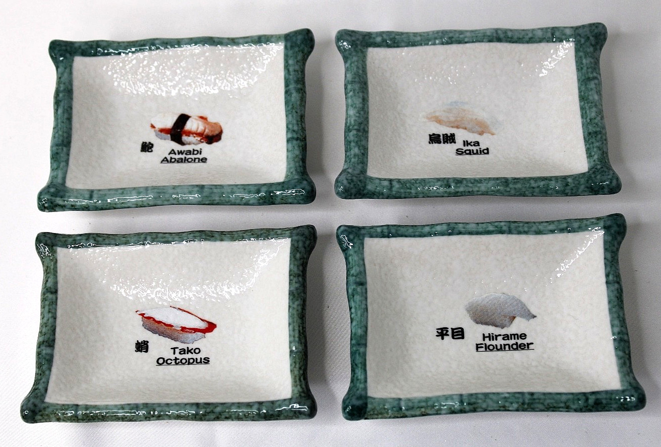Vtg Japanese Ceramic Sushi Dipping Dishes - Set of 4 Green Bamboo Sashimi Menu