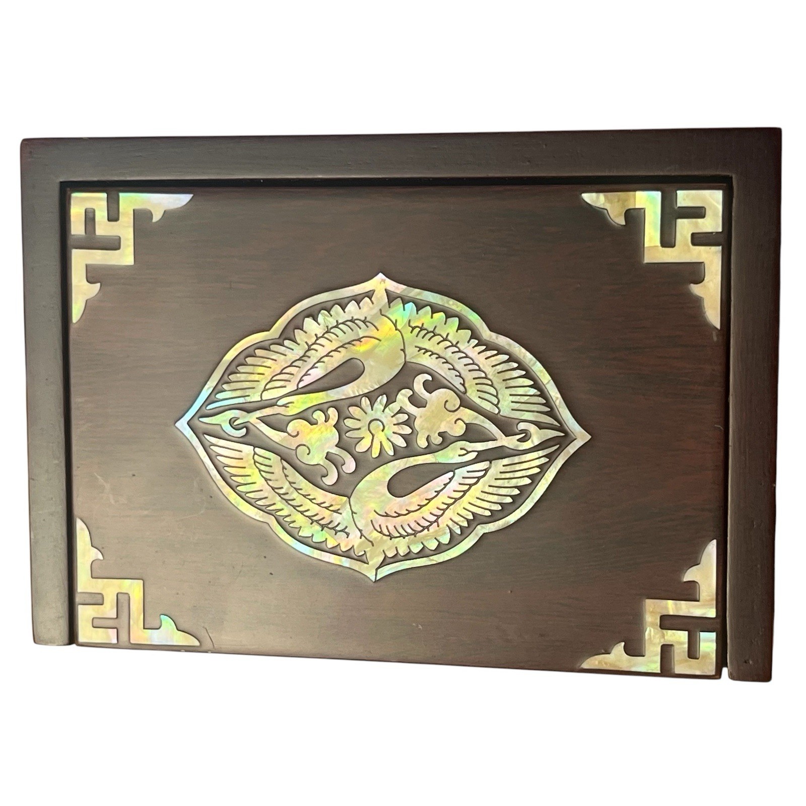 Vintage Korean Mother of Pearl Inlay Twin Crane Birds Wood Trinket Card Box 4.25