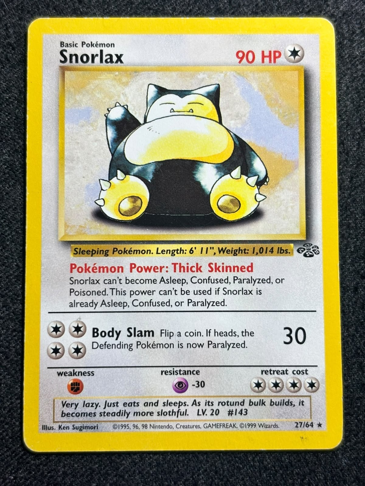 Snorlax 27/64 Pokemon Card 1999 Jungle Set WOTC Vintage Non Holo Rare MP