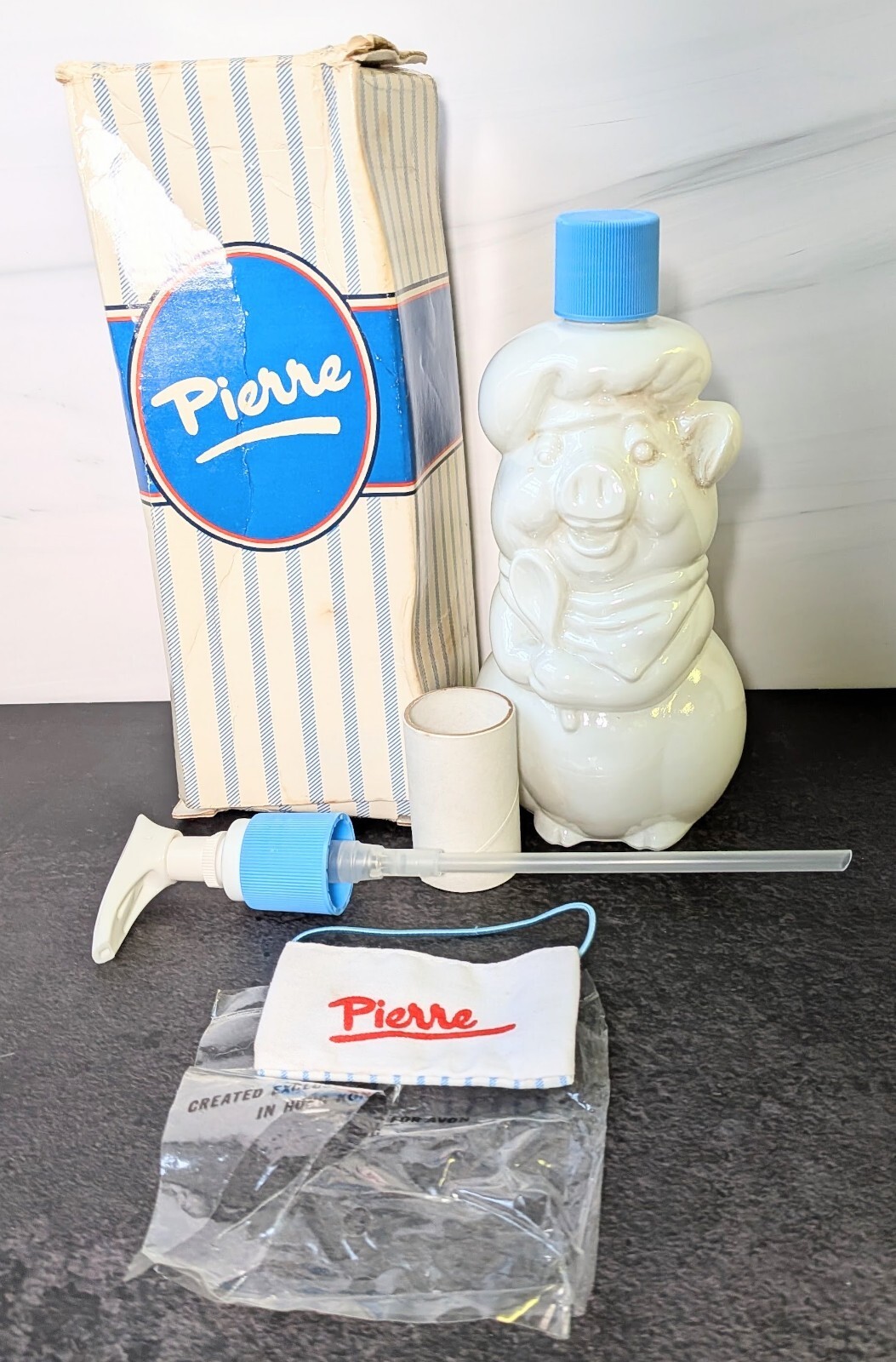 Vintage 1984 Avon Pierre Pig Chef Milk Glass Lotion Dispenser Bottle with Box Vintage 1984 Avon Pierre Pig Chef Milk Glass Lotion Dispenser Bottle with Box