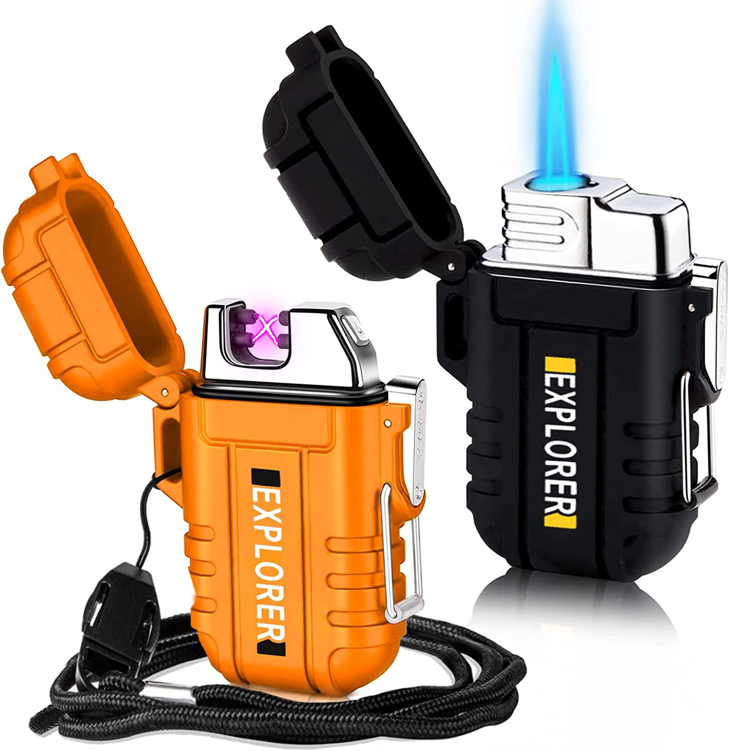 2 Pack Waterproof Lighter for Outdoor, Windproof Torch Lighter, Dual Arc Butane 